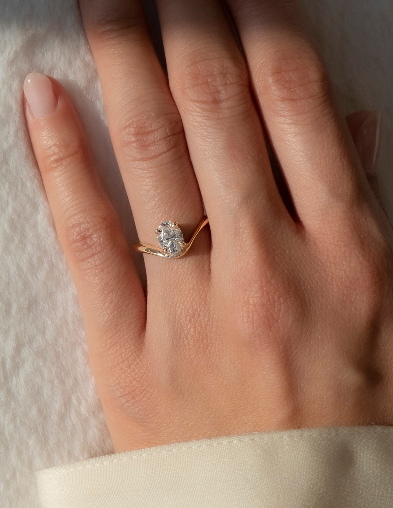 Solitaire Curved Shank-Oval Lab Grown Diamond Engagement Ring - On model