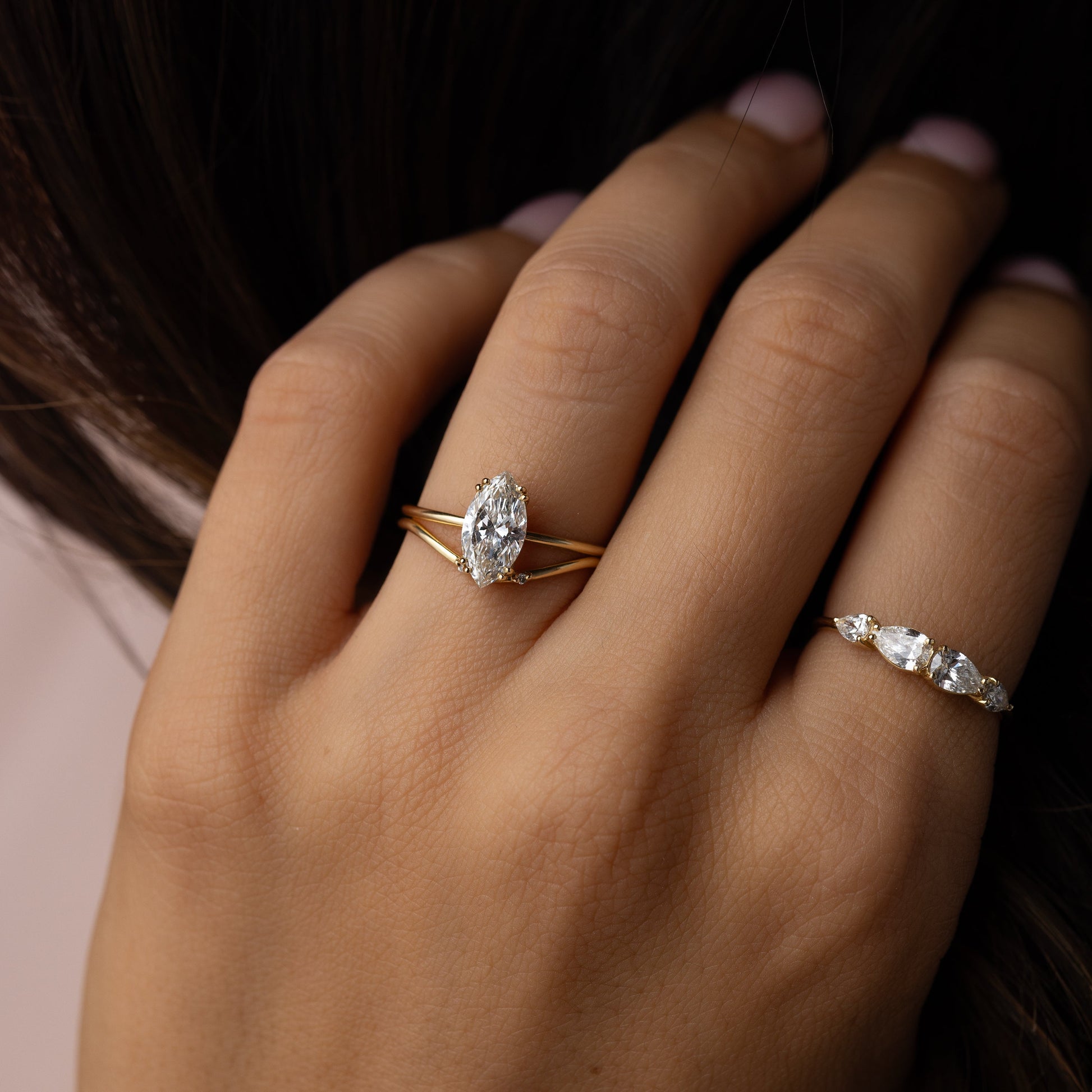Solitaire Double Prong-Marquise Lab Grown Diamond Engagement Ring - On model