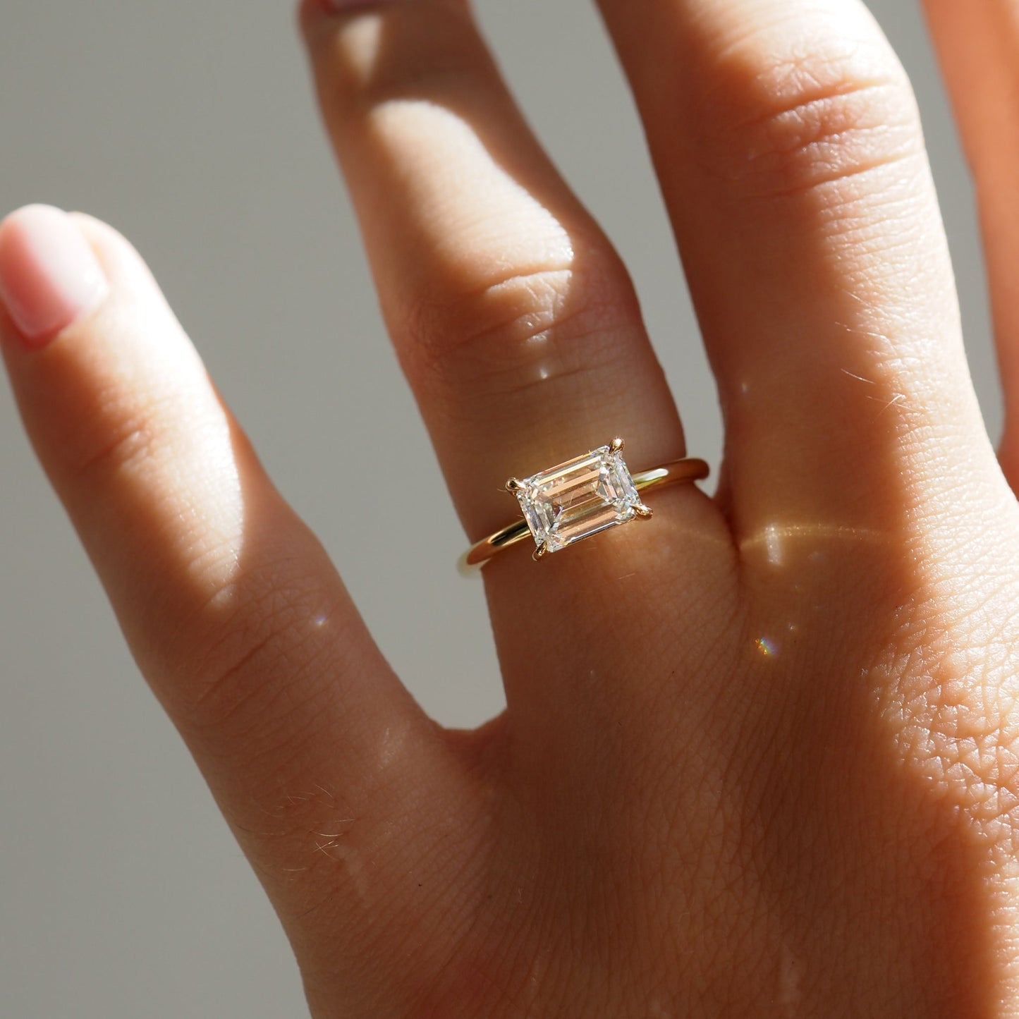 Solitaire East West-Emerald Lab Grown Diamond Engagement Ring - Side view