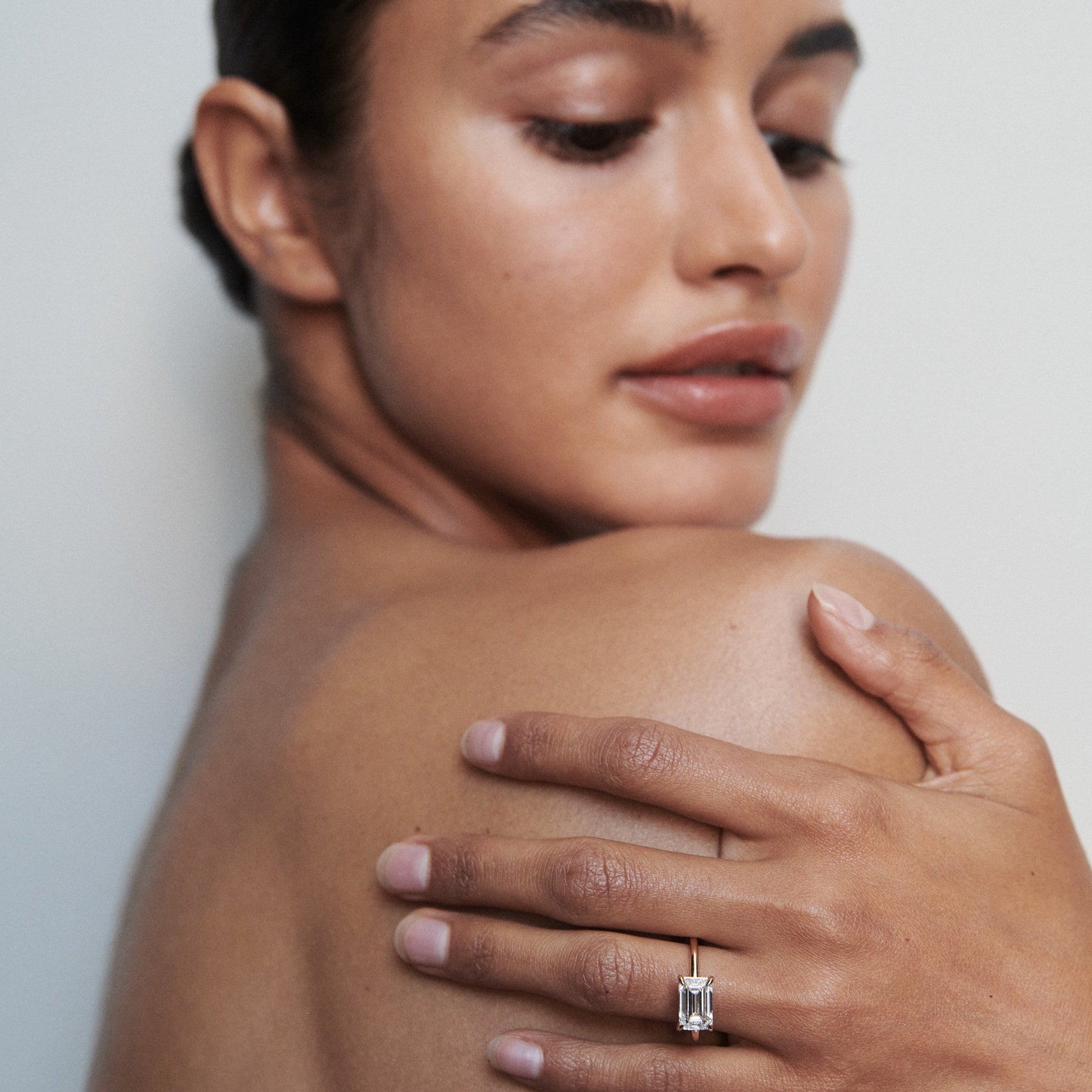 Solitaire East West-Emerald Lab Grown Diamond Engagement Ring - On model