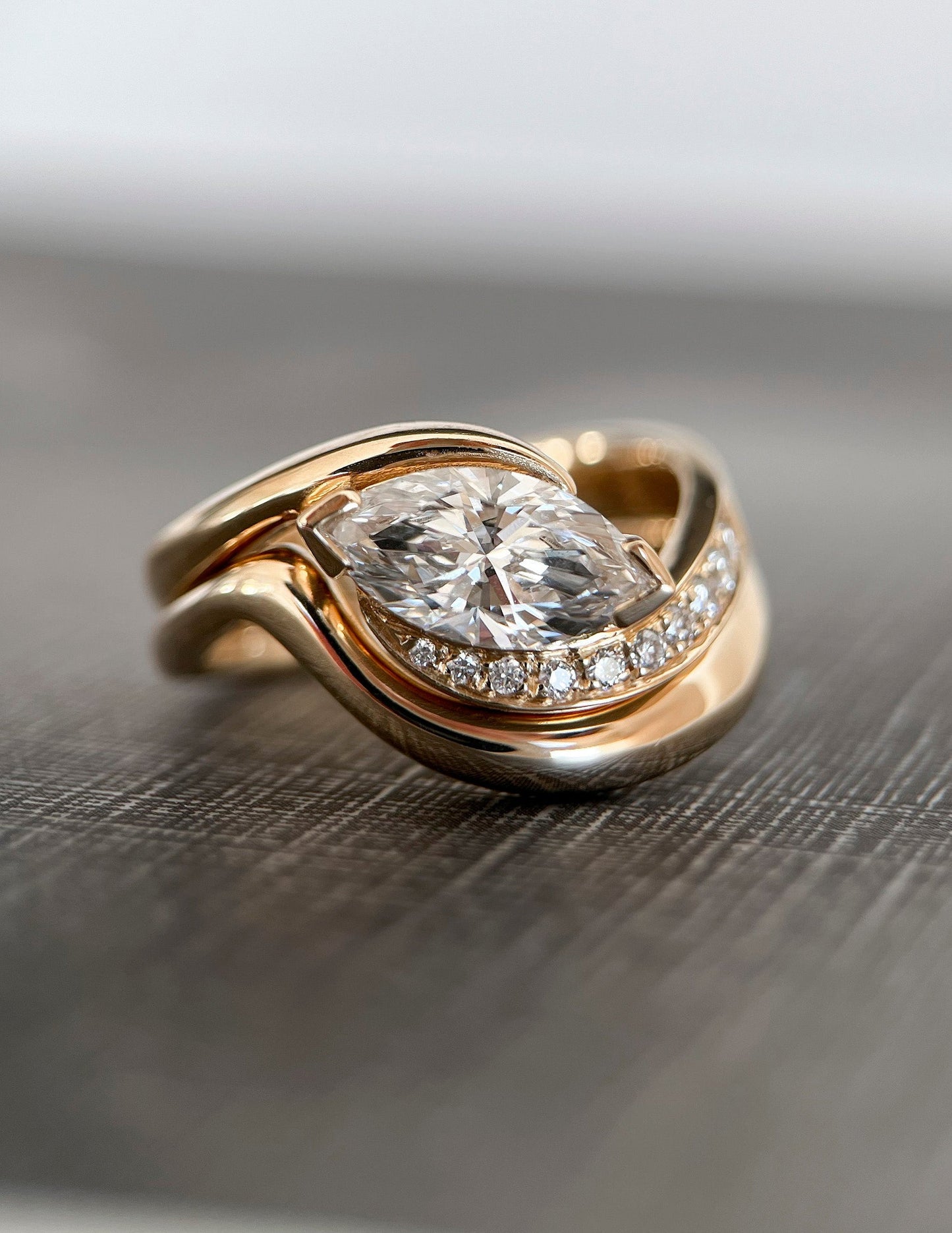 Solitaire East West Rapture Pave Band & Plain Band- 1 CT Marquise Lab Grown Diamond Bridal SetSolitaire East West Rapture Pave Band & Plain Band- 1 CT Marquise Lab Grown Diamond Bridal Set - Front view