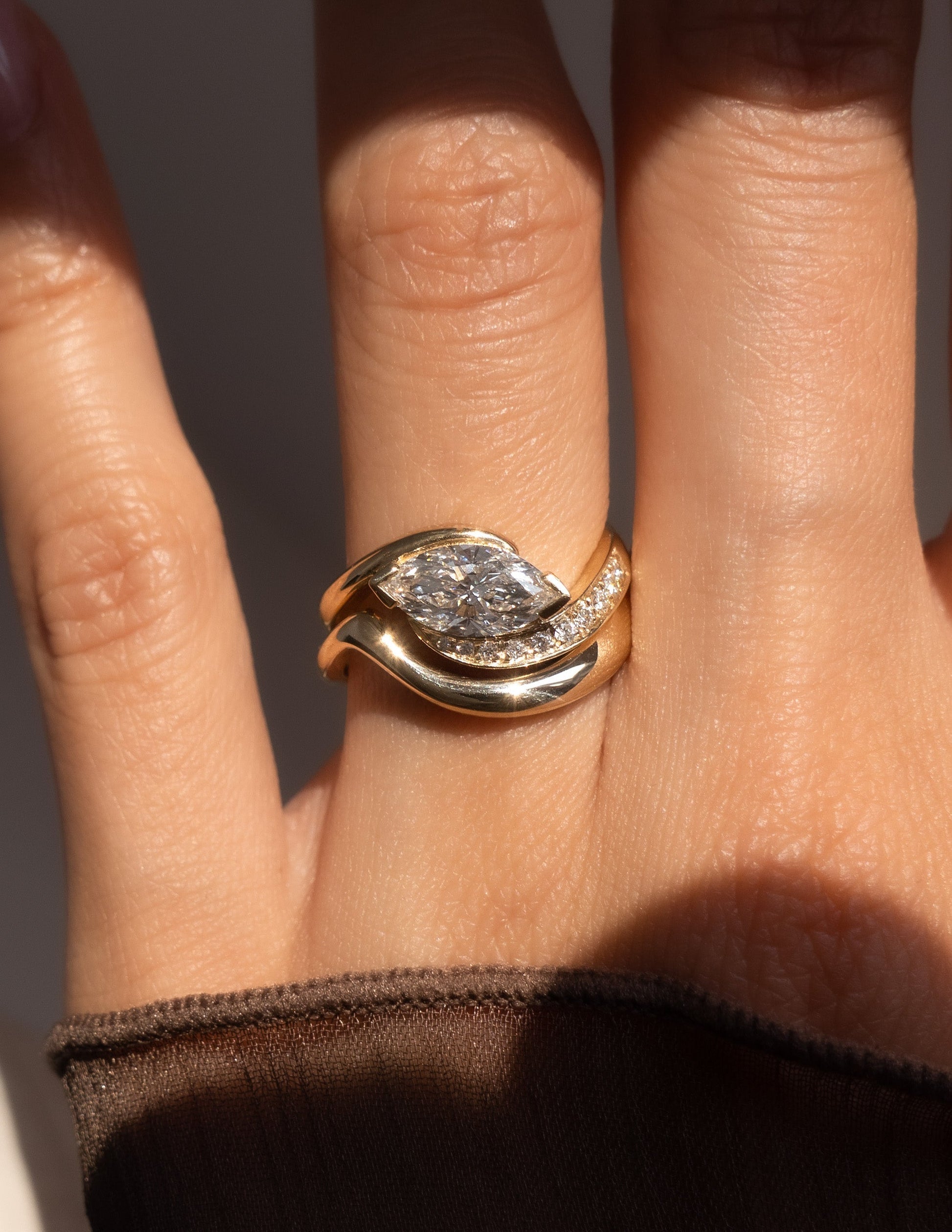 Solitaire East West Rapture Pave Band & Plain Band- 1 CT Marquise Lab Grown Diamond Bridal SetSolitaire East West Rapture Pave Band & Plain Band- 1 CT Marquise Lab Grown Diamond Bridal Set - Side view