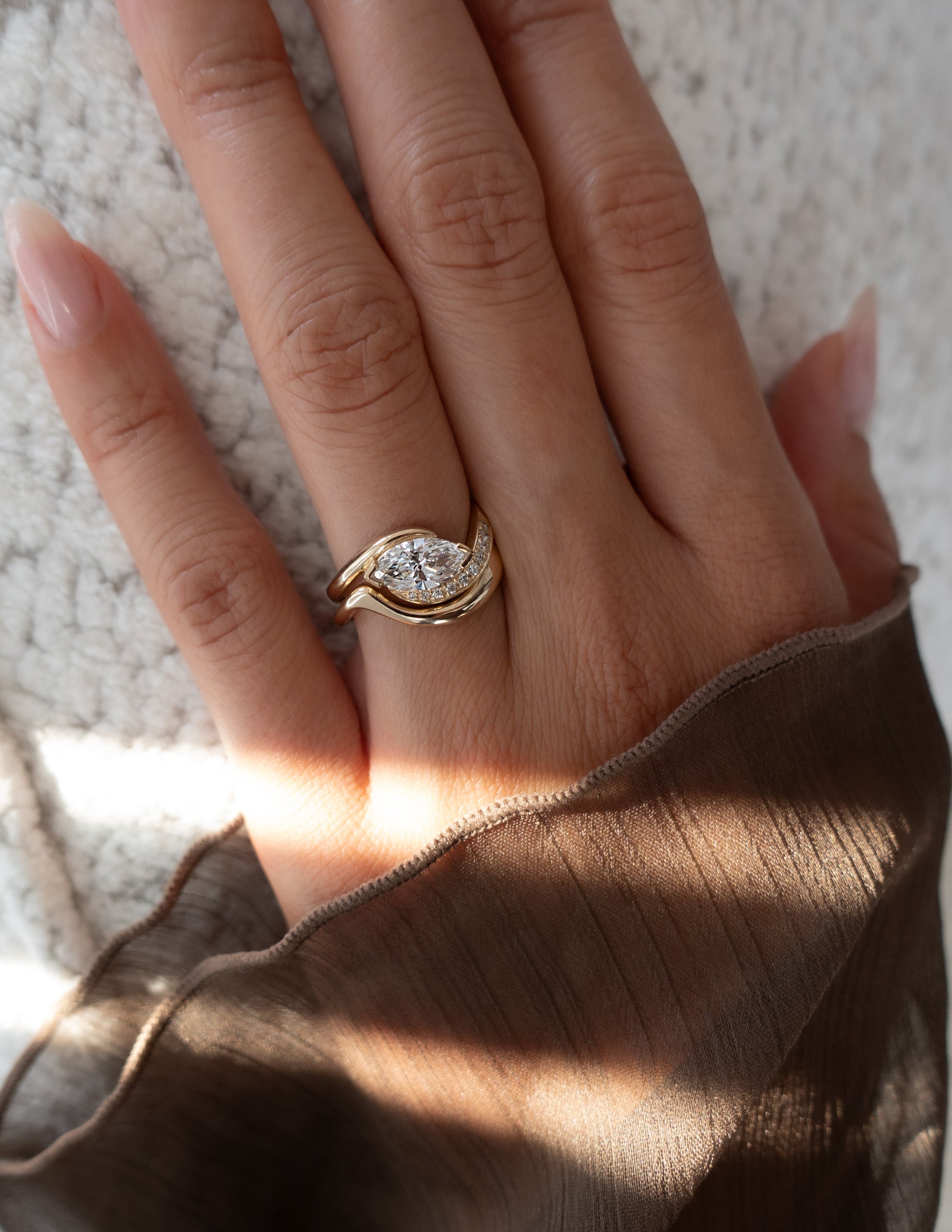 Solitaire East West Rapture Pave Band & Plain Band- 1 CT Marquise Lab Grown Diamond Bridal SetSolitaire East West Rapture Pave Band & Plain Band- 1 CT Marquise Lab Grown Diamond Bridal Set - Back view