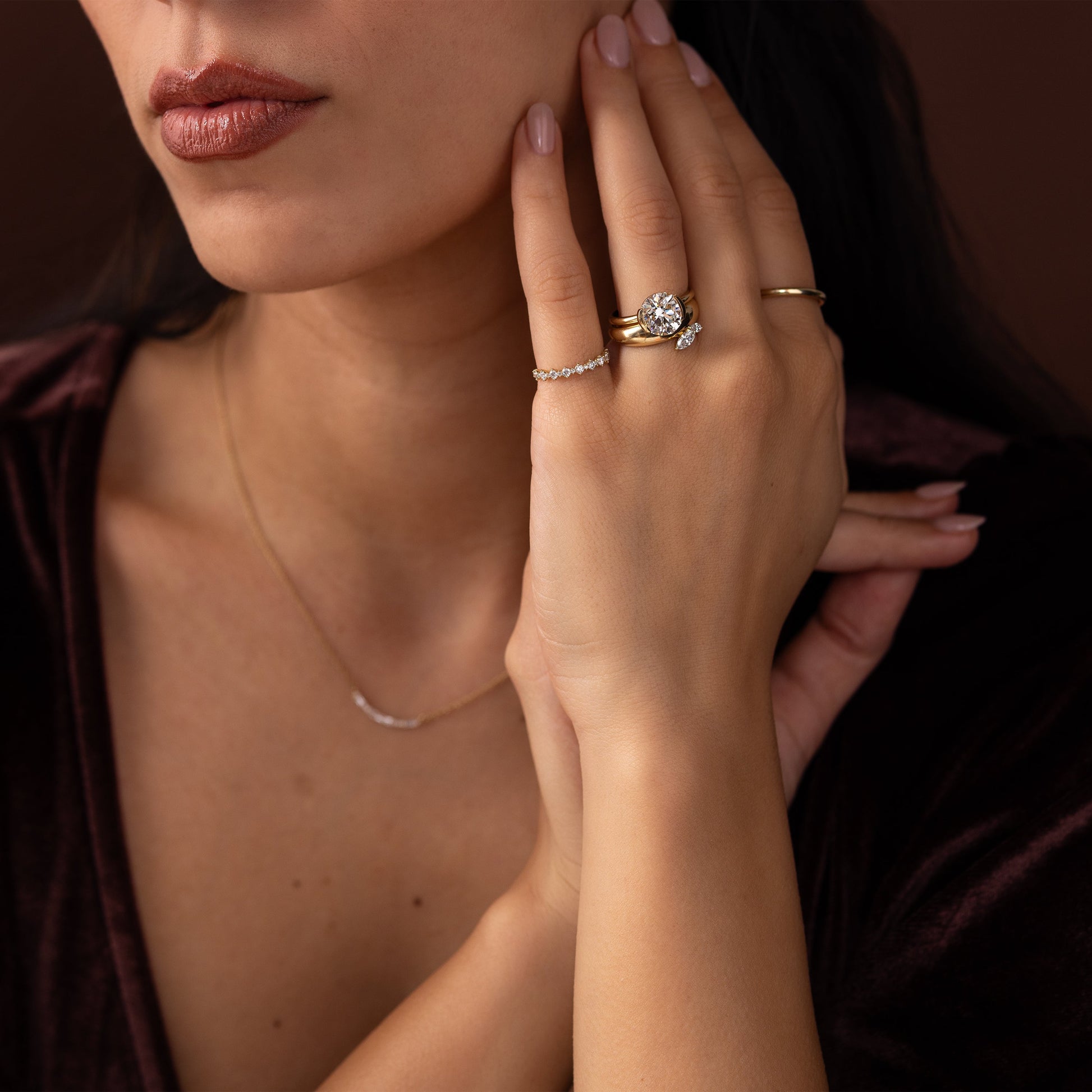Solitaire Half Bezel-Round Lab Grown Diamond Engagement Ring - Lifestyle