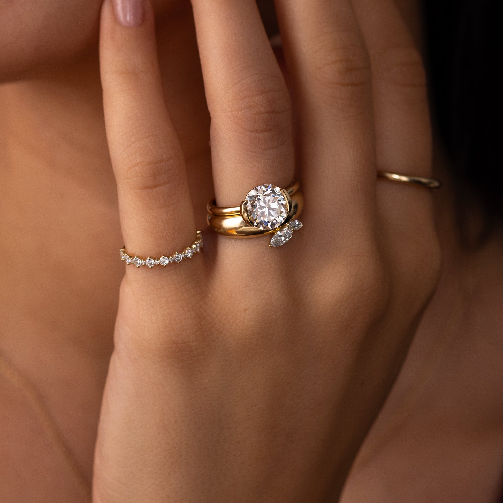 Solitaire Half Bezel-Round Lab Grown Diamond Engagement Ring - Front view