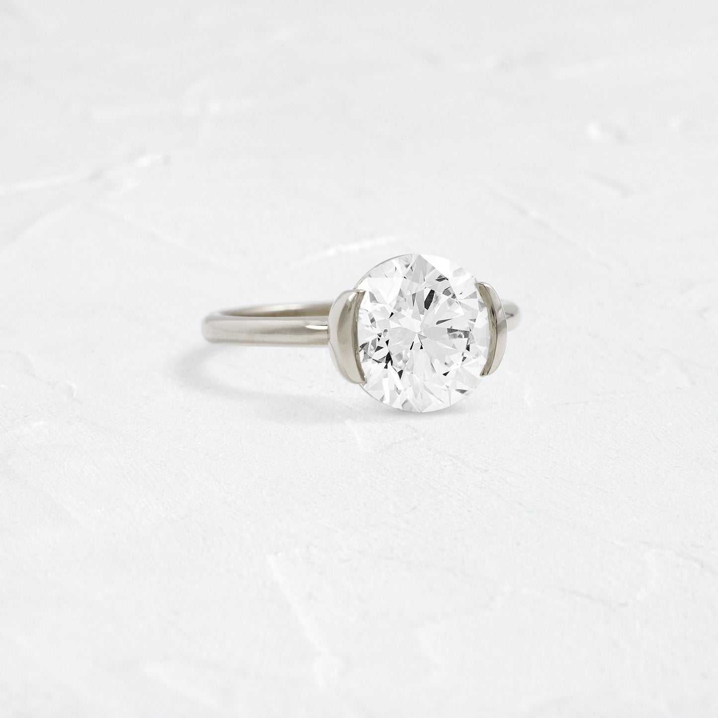 Solitaire Half Bezel-Round Lab Grown Diamond Engagement Ring - On model