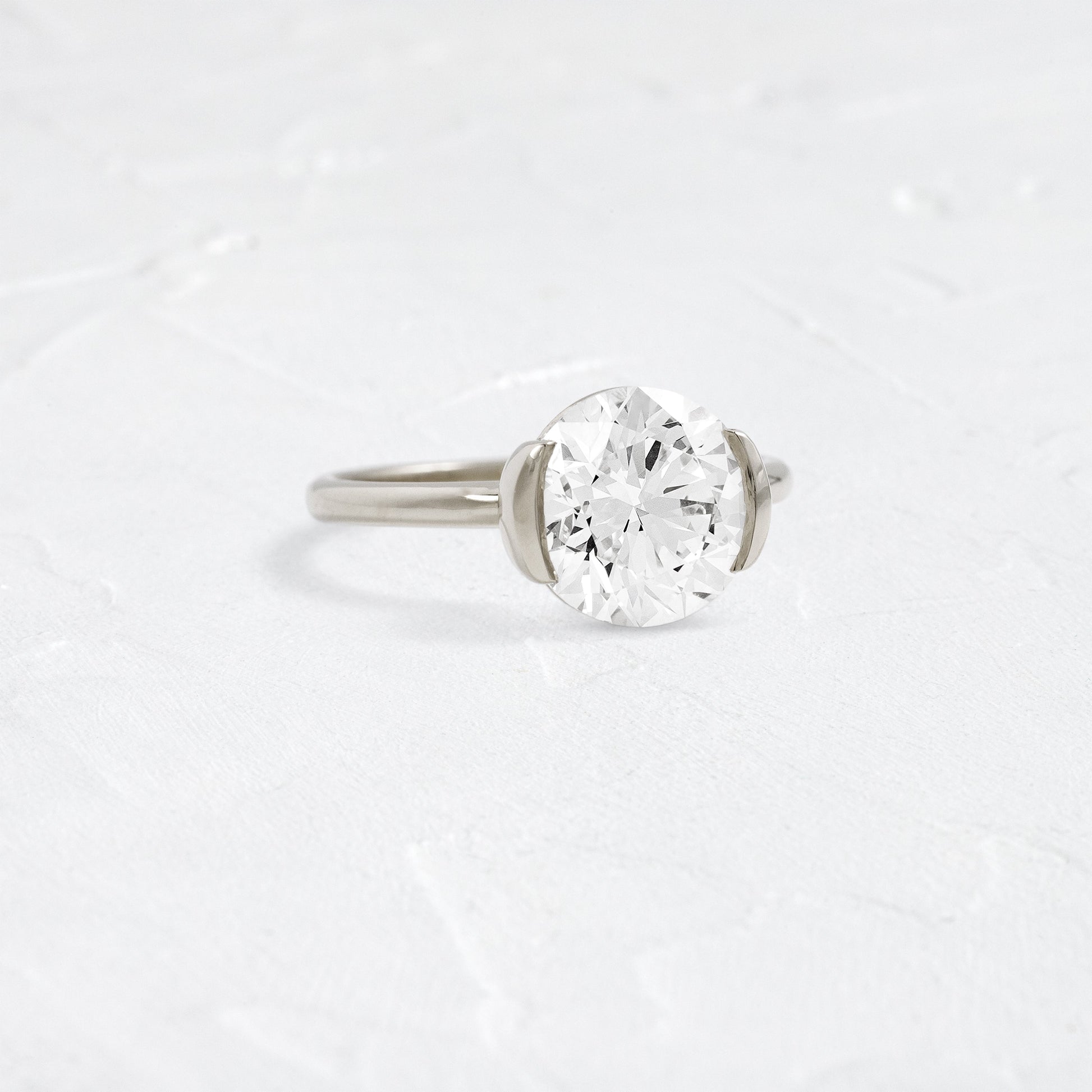 Solitaire Half Bezel-Round Lab Grown Diamond Engagement Ring - On model