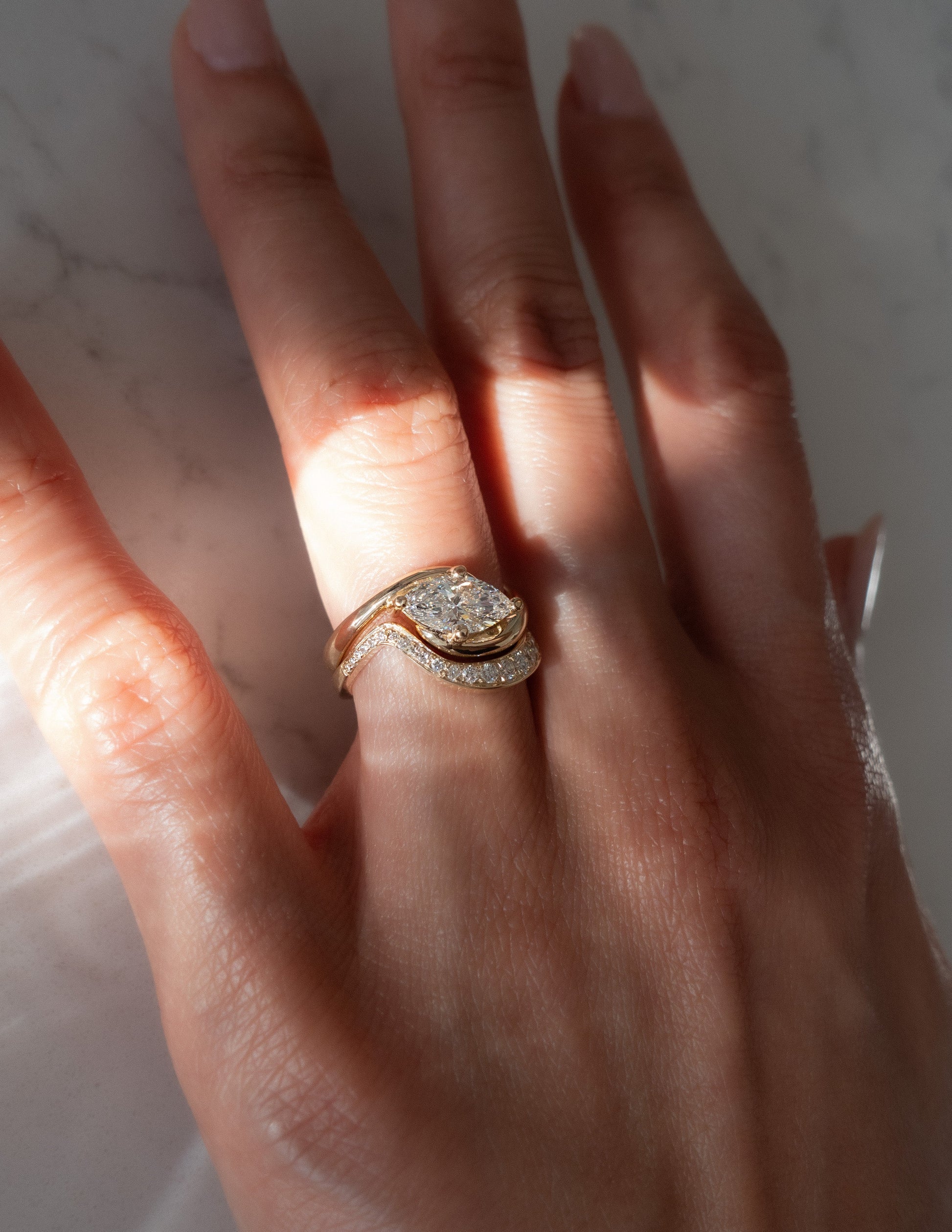 Solitaire Rapture Compass Prong & Pave Band- 1.5 CT Marquise Lab Grown Diamond Bridal SetSolitaire Rapture Compass Prong & Pave Band- 1.5 CT Marquise Lab Grown Diamond Bridal Set - Detail view