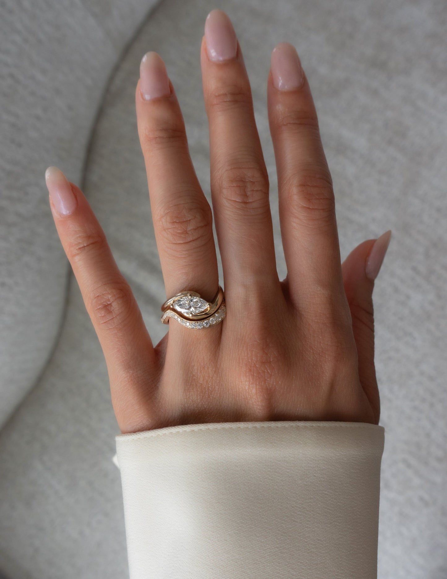 Solitaire Rapture Compass Prong & Pave Band- 1.5 CT Marquise Lab Grown Diamond Bridal SetSolitaire Rapture Compass Prong & Pave Band- 1.5 CT Marquise Lab Grown Diamond Bridal Set - On model