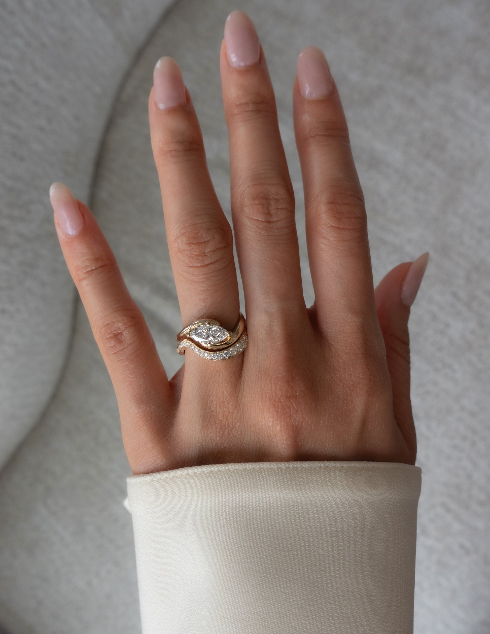 Solitaire Rapture Compass Prong & Pave Band- 1.5 CT Marquise Lab Grown Diamond Bridal SetSolitaire Rapture Compass Prong & Pave Band- 1.5 CT Marquise Lab Grown Diamond Bridal Set - On model