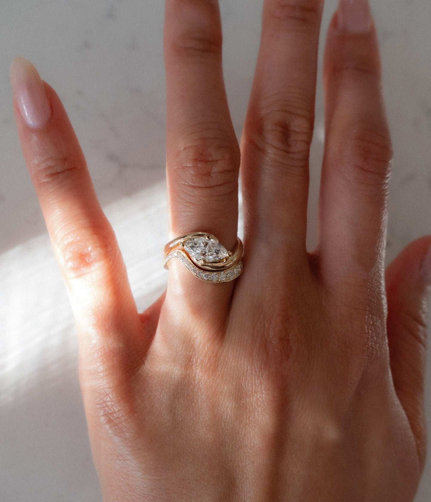 Solitaire Rapture Compass Prong & Pave Band- 1.5 CT Marquise Lab Grown Diamond Bridal SetSolitaire Rapture Compass Prong & Pave Band- 1.5 CT Marquise Lab Grown Diamond Bridal Set - Lifestyle