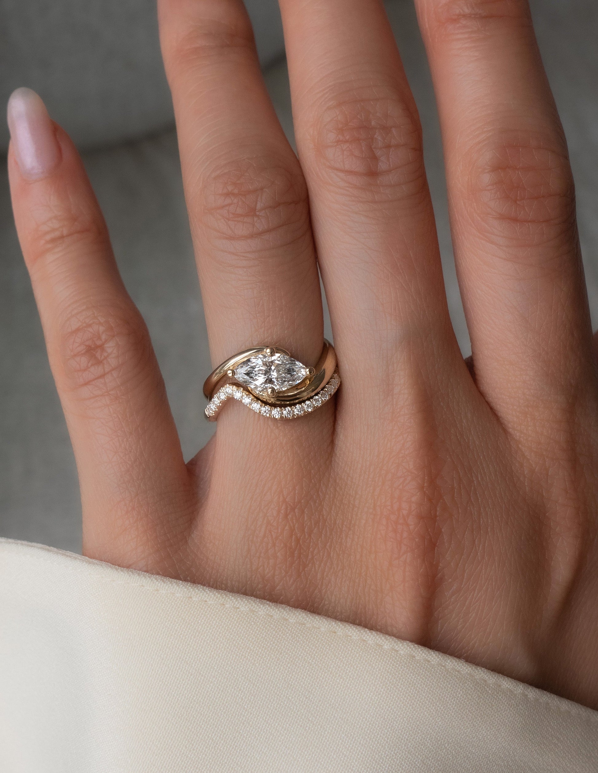 Solitaire Rapture Compass Prong & Pave Band- 1.5 CT Marquise Lab Grown Diamond Bridal SetSolitaire Rapture Compass Prong & Pave Band- 1.5 CT Marquise Lab Grown Diamond Bridal Set - On model