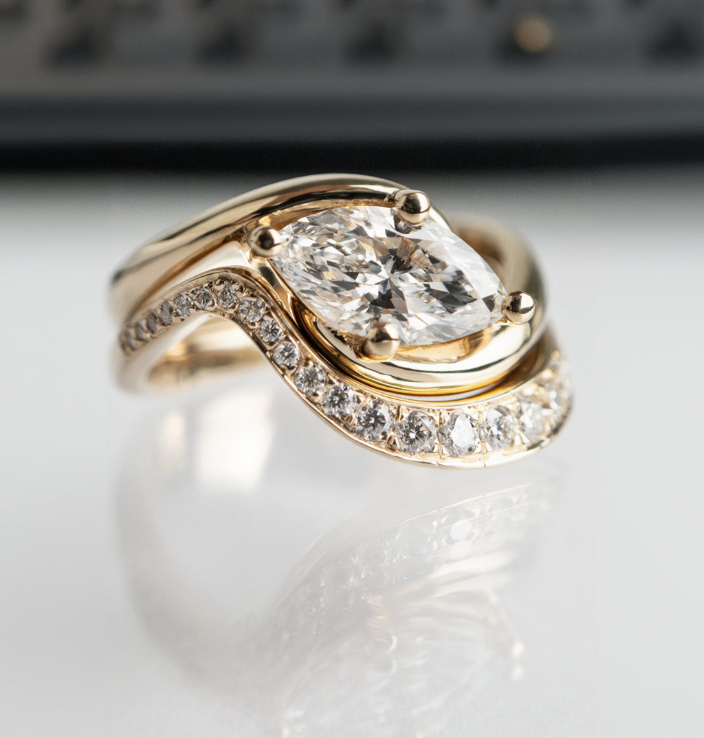 Solitaire Rapture Compass Prong & Pave Band- 1.5 CT Marquise Lab Grown Diamond Bridal SetSolitaire Rapture Compass Prong & Pave Band- 1.5 CT Marquise Lab Grown Diamond Bridal Set - Front view