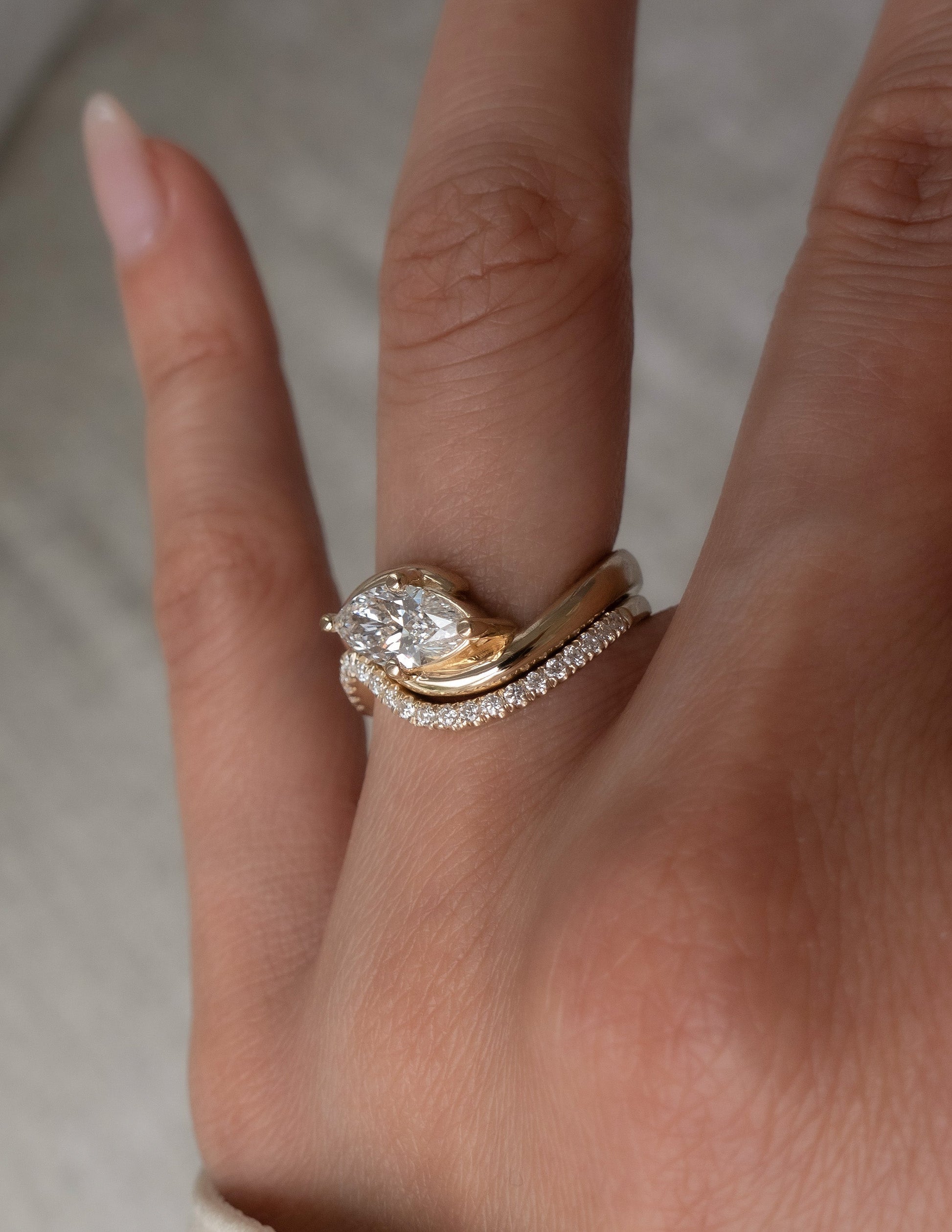 Solitaire Rapture Compass Prong & Pave Band- 1.5 CT Marquise Lab Grown Diamond Bridal SetSolitaire Rapture Compass Prong & Pave Band- 1.5 CT Marquise Lab Grown Diamond Bridal Set - On model