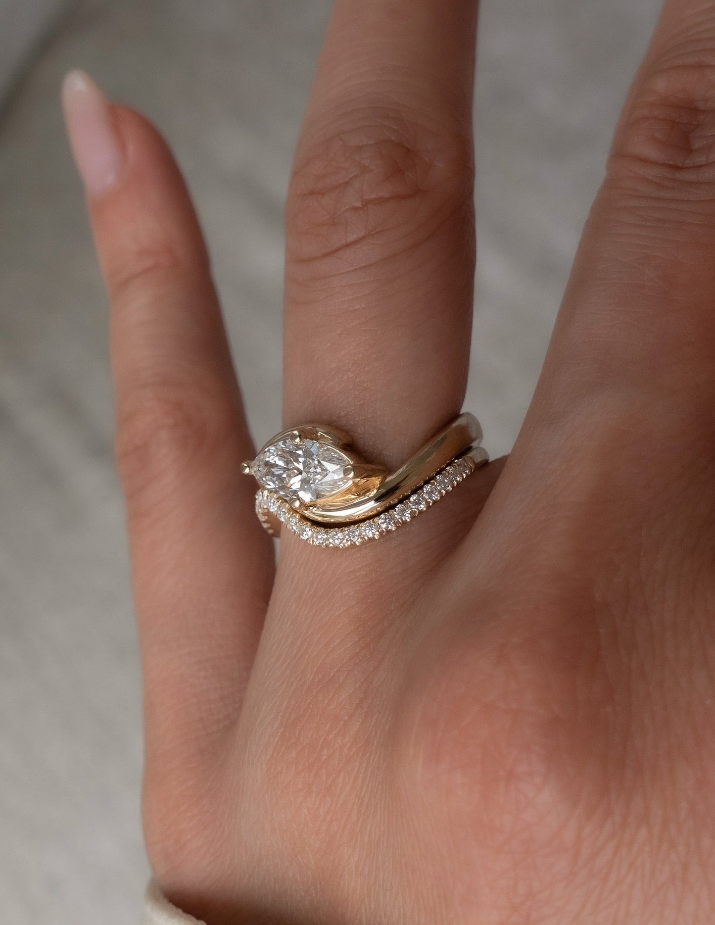Solitaire Rapture Compass Prong & Pave Band- 1.5 CT Marquise Lab Grown Diamond Bridal SetSolitaire Rapture Compass Prong & Pave Band- 1.5 CT Marquise Lab Grown Diamond Bridal Set - On model