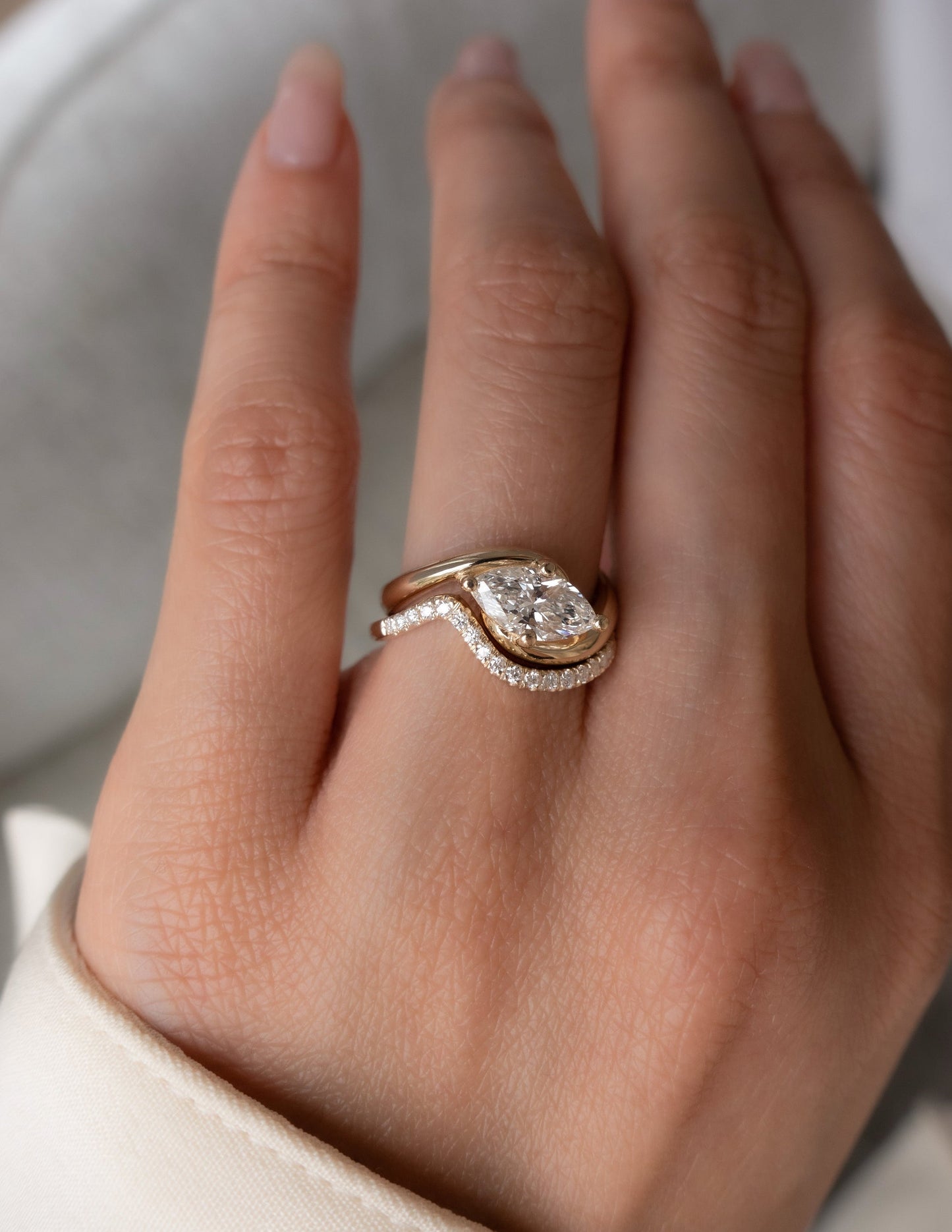 Solitaire Rapture Compass Prong & Pave Band- 1.5 CT Marquise Lab Grown Diamond Bridal SetSolitaire Rapture Compass Prong & Pave Band- 1.5 CT Marquise Lab Grown Diamond Bridal Set - Lifestyle