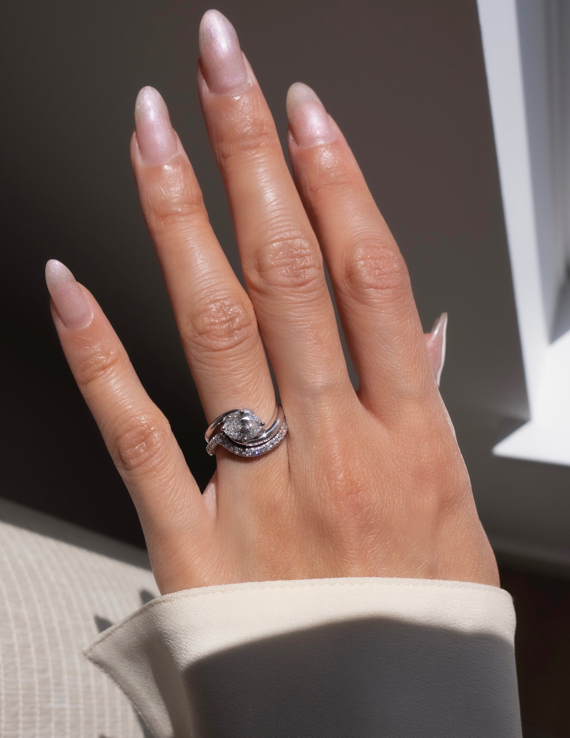 Solitaire Rapture Compass Prong & Pave Band- 1 CT Oval Lab Grown Diamond Bridal SetSolitaire Rapture Compass Prong & Pave Band- 1 CT Oval Lab Grown Diamond Bridal Set - Back view