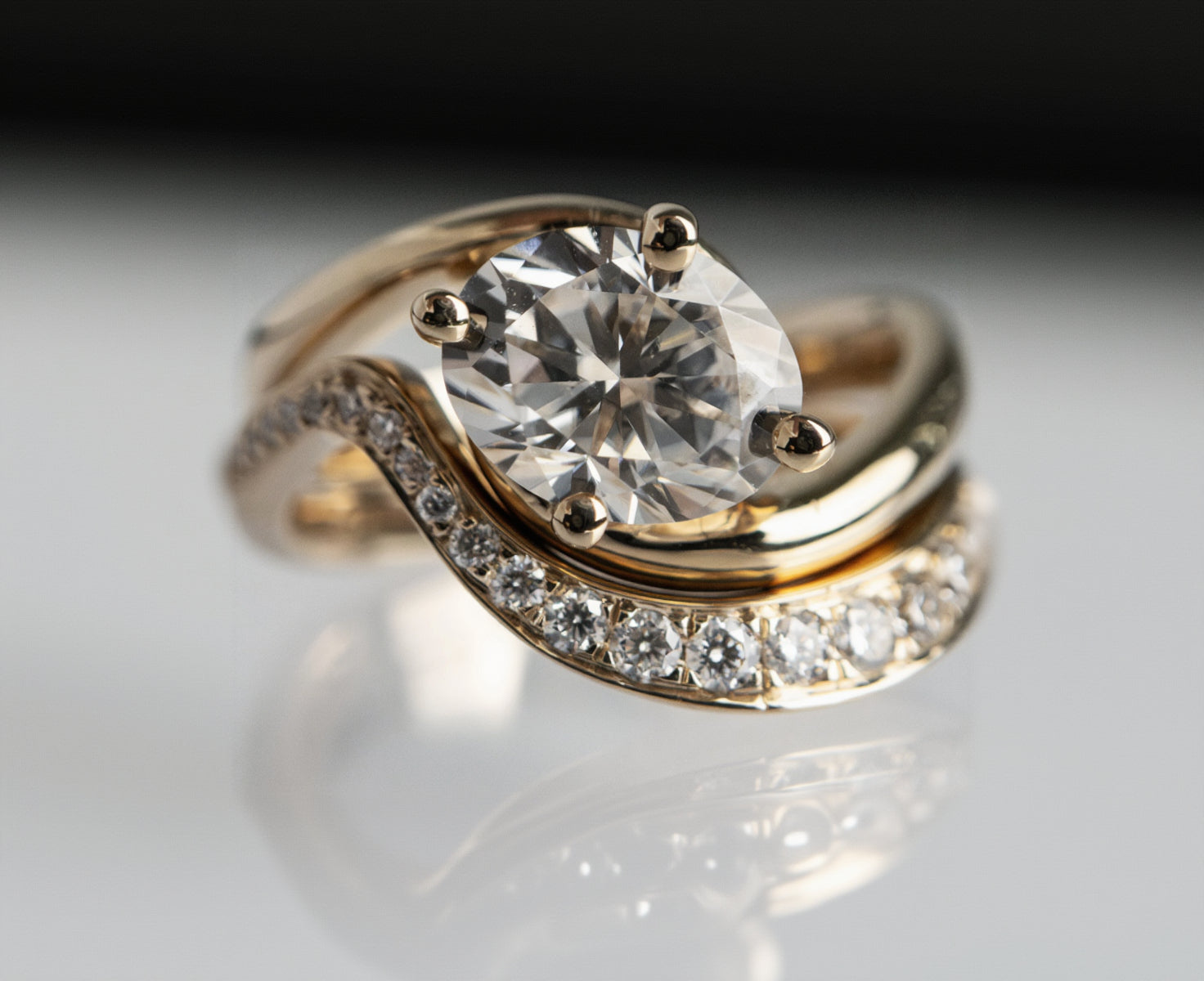 Solitaire Rapture Compass Prong & Pave Band- 1 CT Oval Lab Grown Diamond Bridal SetSolitaire Rapture Compass Prong & Pave Band- 1 CT Oval Lab Grown Diamond Bridal Set - Front view