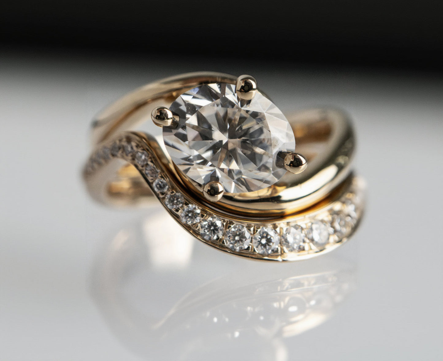Solitaire Rapture Compass Prong & Pave Band- 1 CT Oval Lab Grown Diamond Bridal SetSolitaire Rapture Compass Prong & Pave Band- 1 CT Oval Lab Grown Diamond Bridal Set - Front view