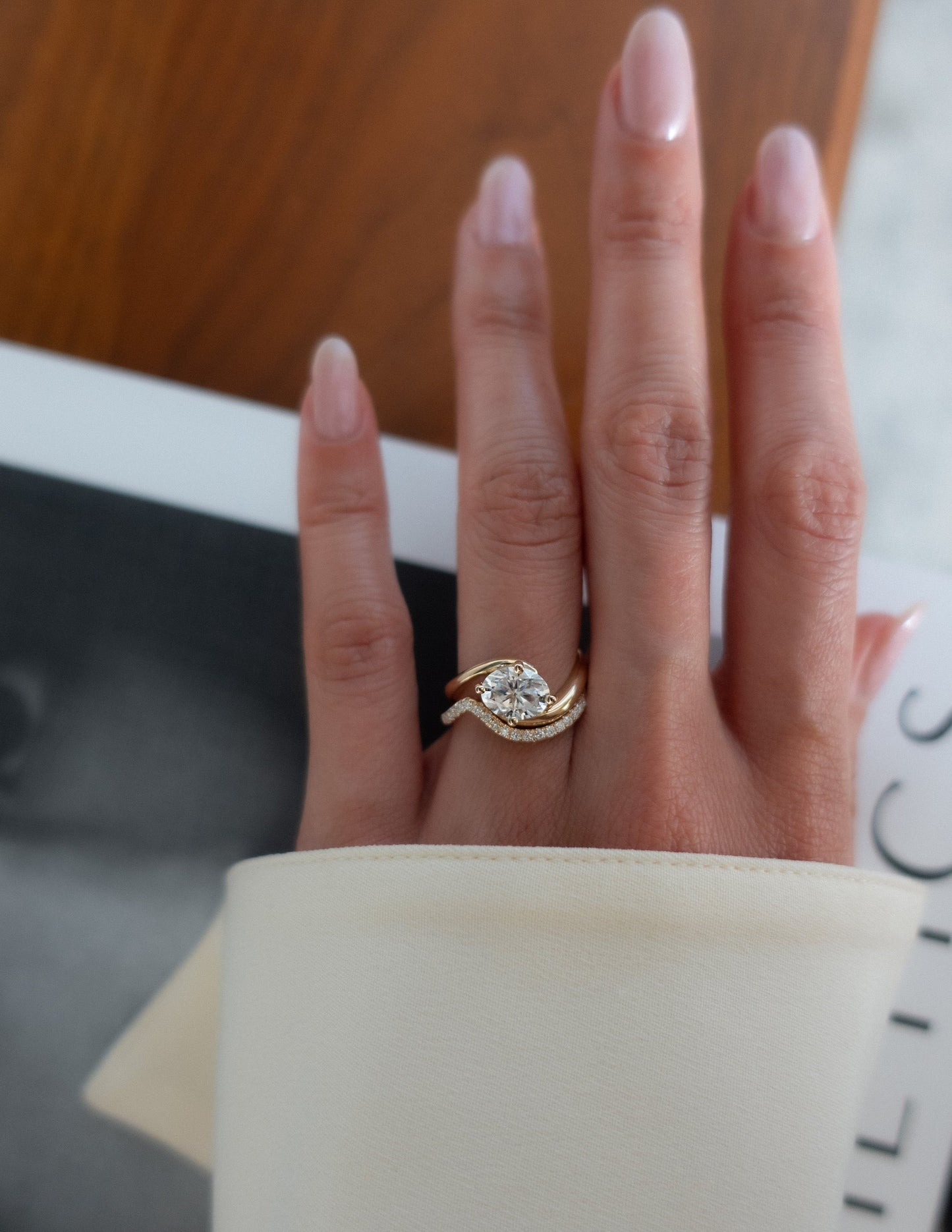 Solitaire Rapture Compass Prong & Pave Band- 1 CT Oval Lab Grown Diamond Bridal SetSolitaire Rapture Compass Prong & Pave Band- 1 CT Oval Lab Grown Diamond Bridal Set - Detail view