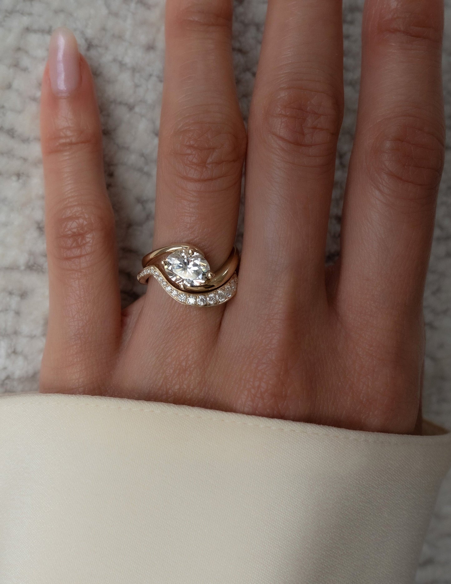Solitaire Rapture Compass Prong & Pave Band- 1 CT Oval Lab Grown Diamond Bridal SetSolitaire Rapture Compass Prong & Pave Band- 1 CT Oval Lab Grown Diamond Bridal Set - Lifestyle