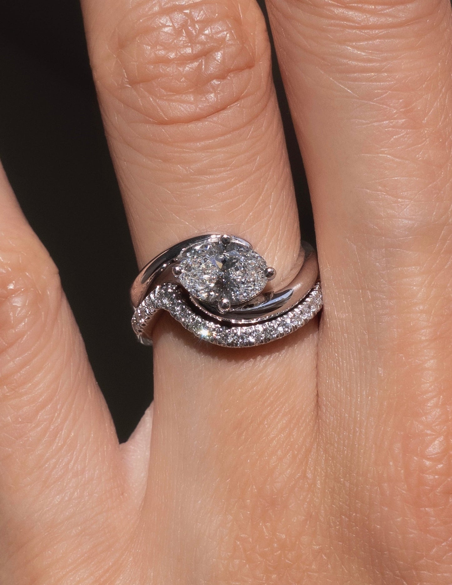Solitaire Rapture Compass Prong & Pave Band- 1 CT Oval Lab Grown Diamond Bridal SetSolitaire Rapture Compass Prong & Pave Band- 1 CT Oval Lab Grown Diamond Bridal Set - Front view