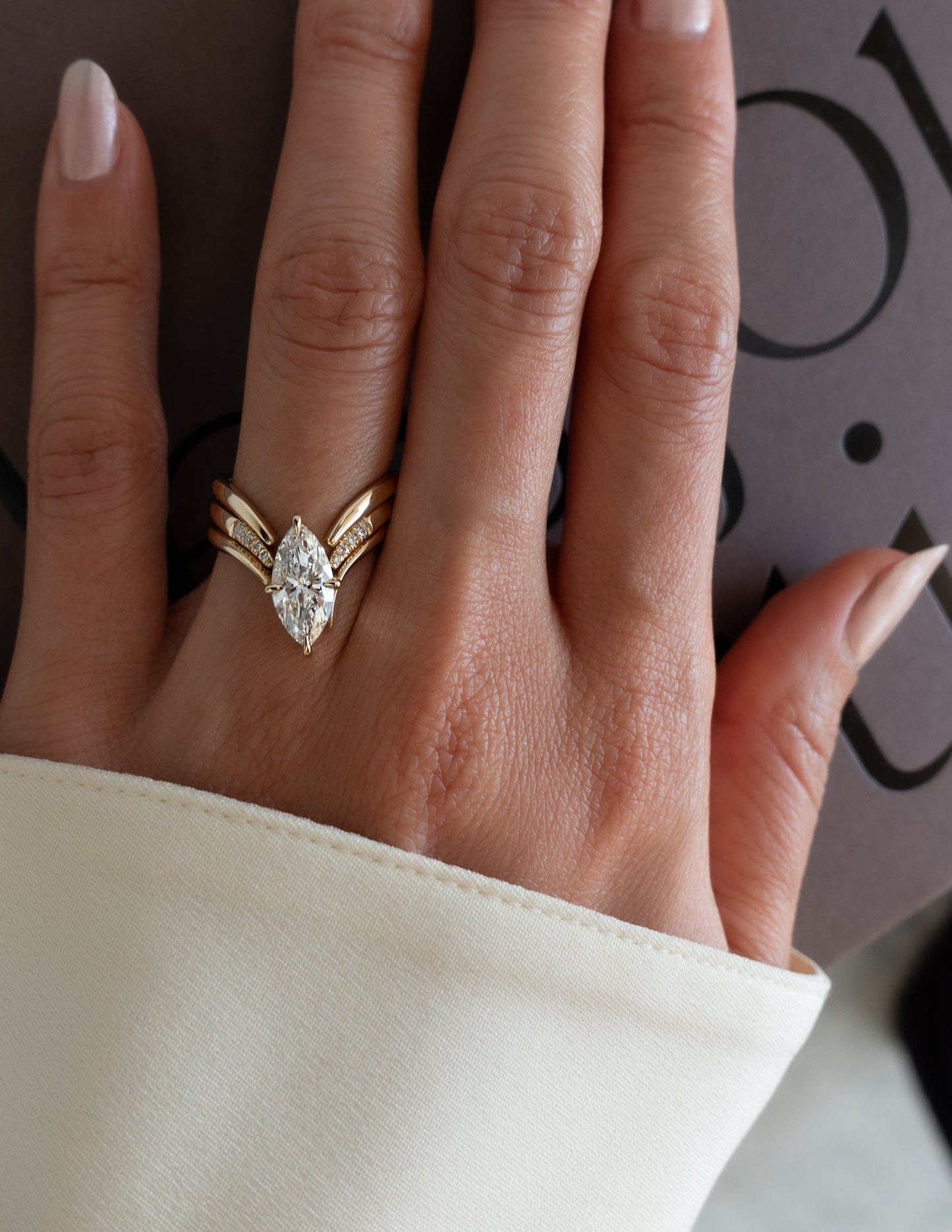 Solitaire Rapture Compass Prong Pave Band with Plain & Pave Band- 2 CT Marquise Lab Grown Diamond Bridal SetSolitaire Rapture Compass Prong Pave Band with Plain & Pave Band- 2 CT Marquise Lab Grown Diamond Bridal Set - Back view