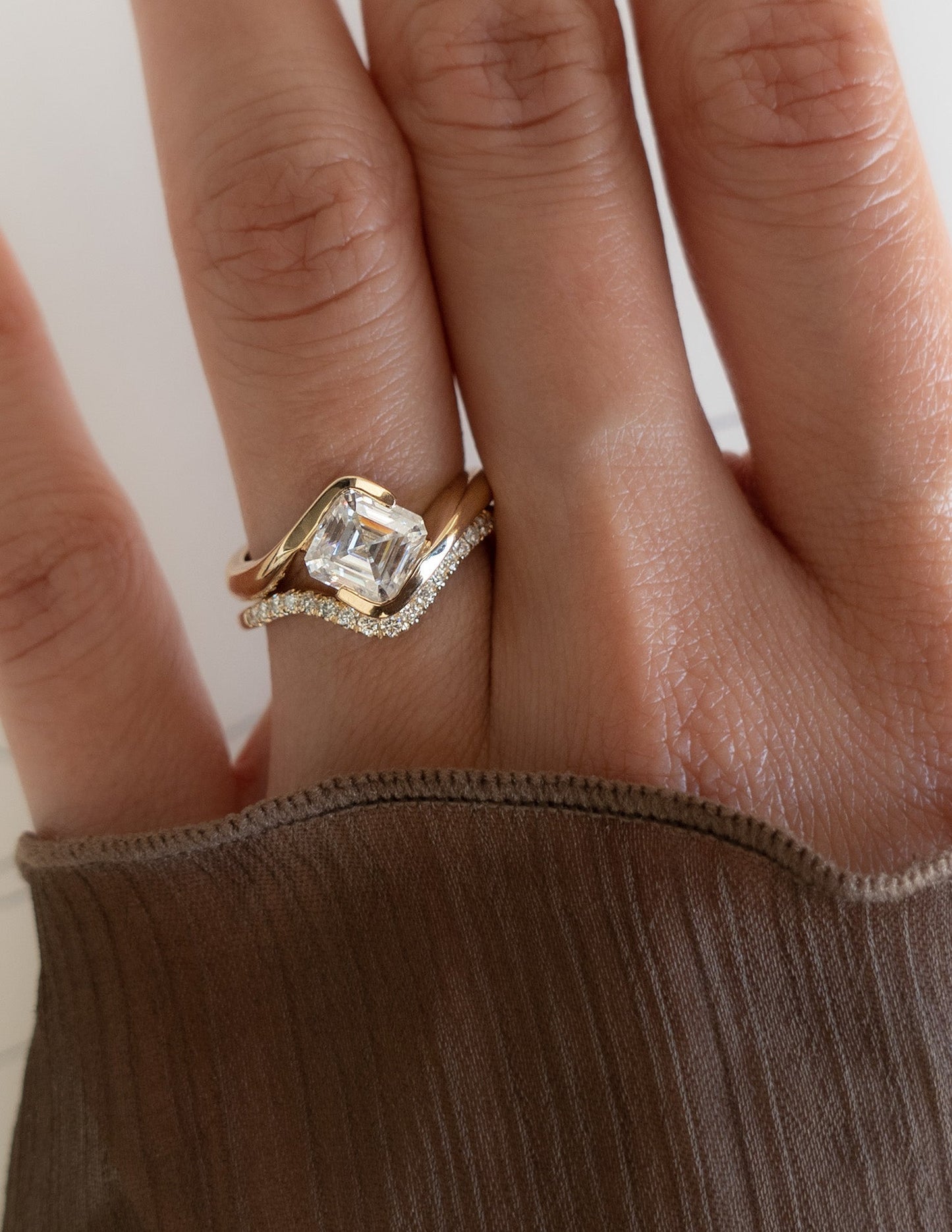 Solitaire Rapture Half Bezel & Pave Band- 1.5 CT Asscher Lab Grown Diamond Bridal SetSolitaire Rapture Half Bezel & Pave Band- 1.5 CT Asscher Lab Grown Diamond Bridal Set - Detail view