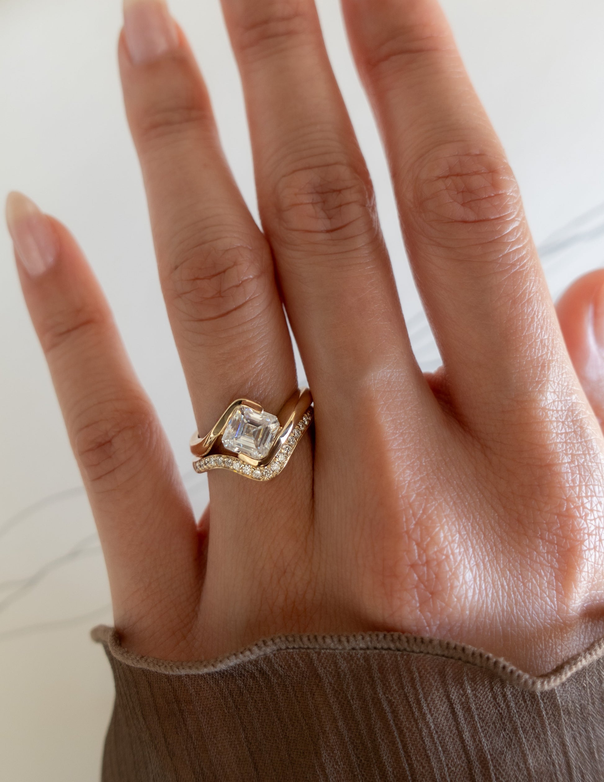 Solitaire Rapture Half Bezel & Pave Band- 1.5 CT Asscher Lab Grown Diamond Bridal SetSolitaire Rapture Half Bezel & Pave Band- 1.5 CT Asscher Lab Grown Diamond Bridal Set - Front view