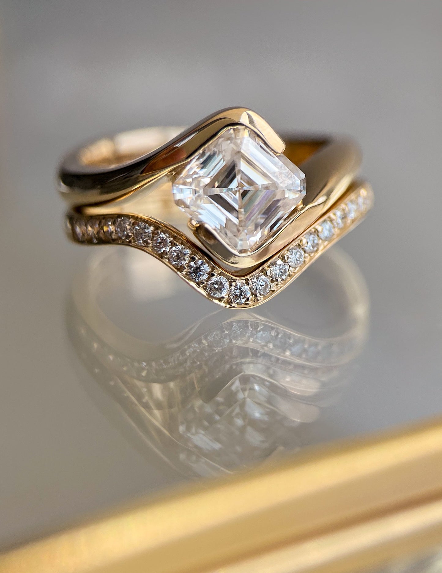 Solitaire Rapture Half Bezel & Pave Band- 1.5 CT Asscher Lab Grown Diamond Bridal SetSolitaire Rapture Half Bezel & Pave Band- 1.5 CT Asscher Lab Grown Diamond Bridal Set - Front view