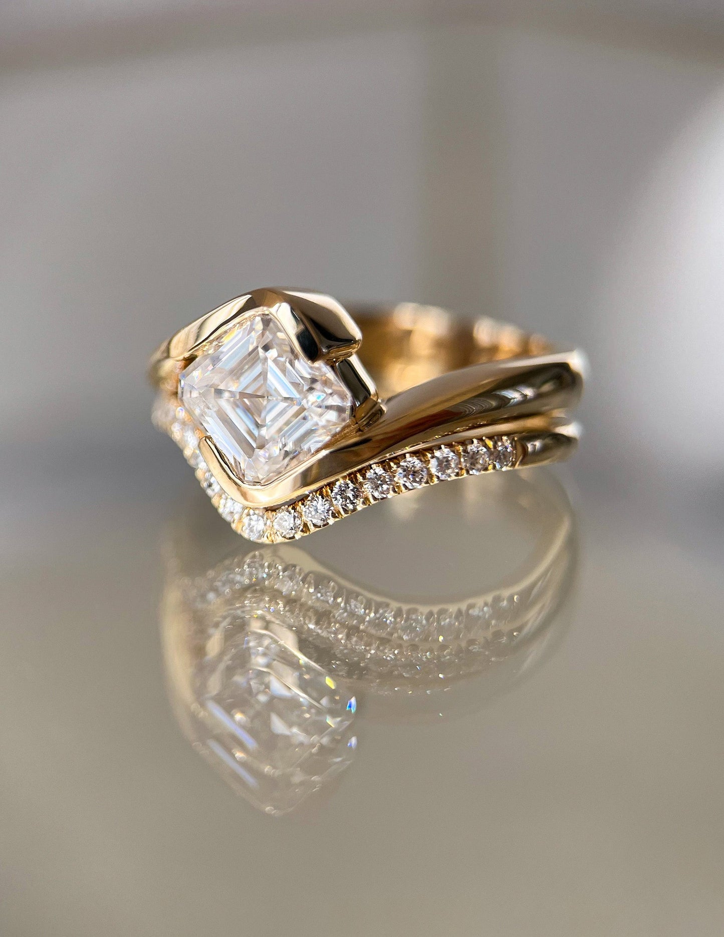 Solitaire Rapture Half Bezel & Pave Band- 1.5 CT Asscher Lab Grown Diamond Bridal SetSolitaire Rapture Half Bezel & Pave Band- 1.5 CT Asscher Lab Grown Diamond Bridal Set - Front view