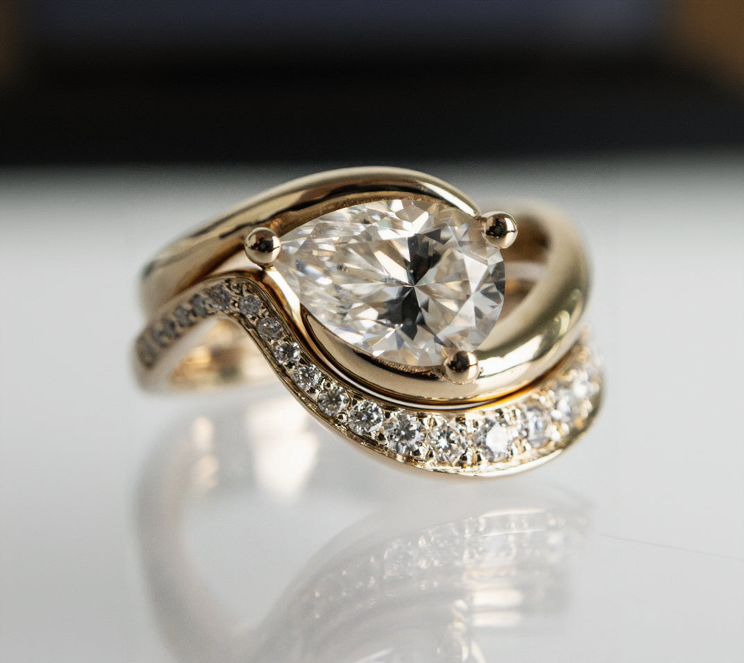 Solitaire Rapture & Pave Band- 1 CT Pear Lab Grown Diamond Bridal SetSolitaire Rapture & Pave Band- 1 CT Pear Lab Grown Diamond Bridal Set - Front view