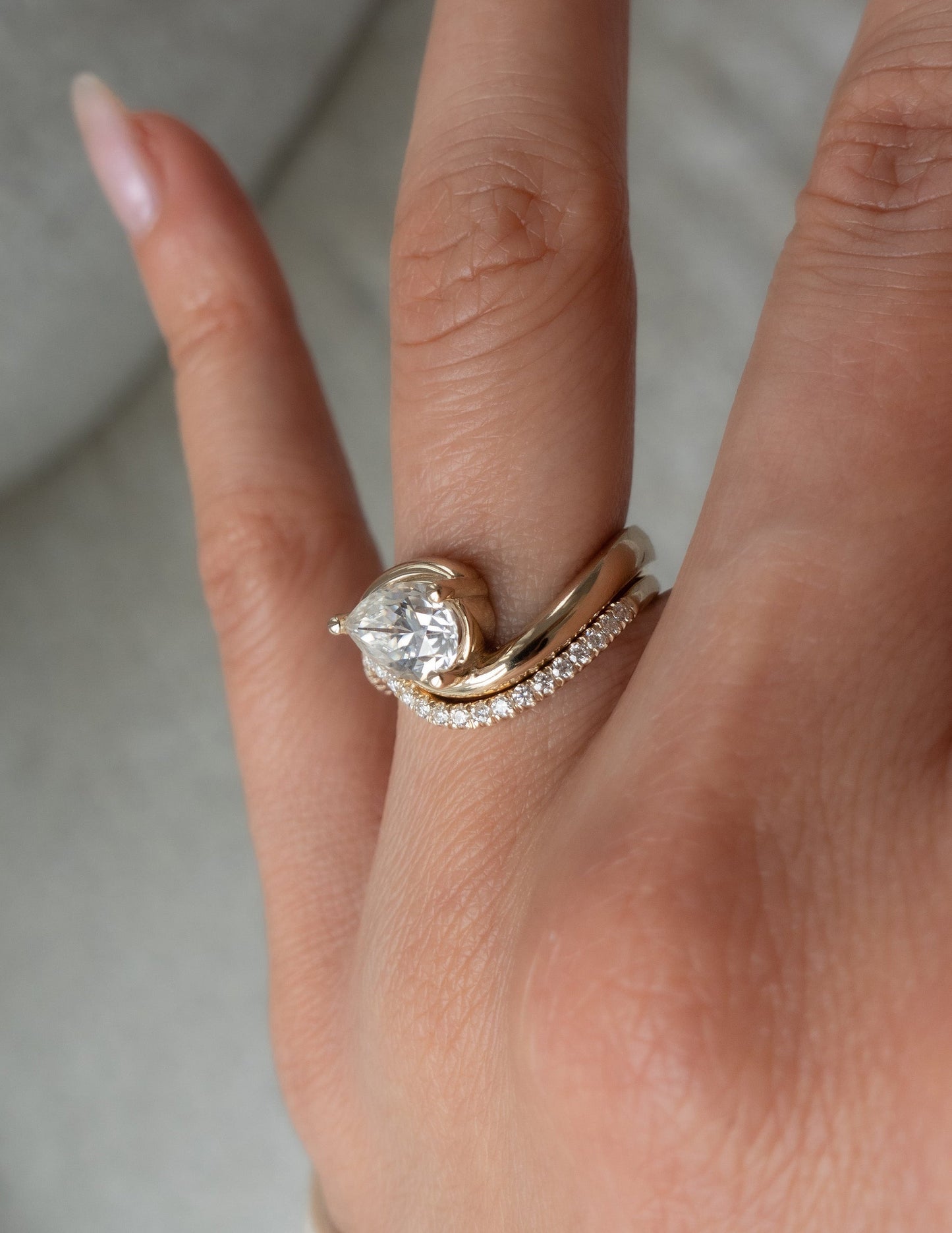 Solitaire Rapture & Pave Band- 1 CT Pear Lab Grown Diamond Bridal SetSolitaire Rapture & Pave Band- 1 CT Pear Lab Grown Diamond Bridal Set - Side view