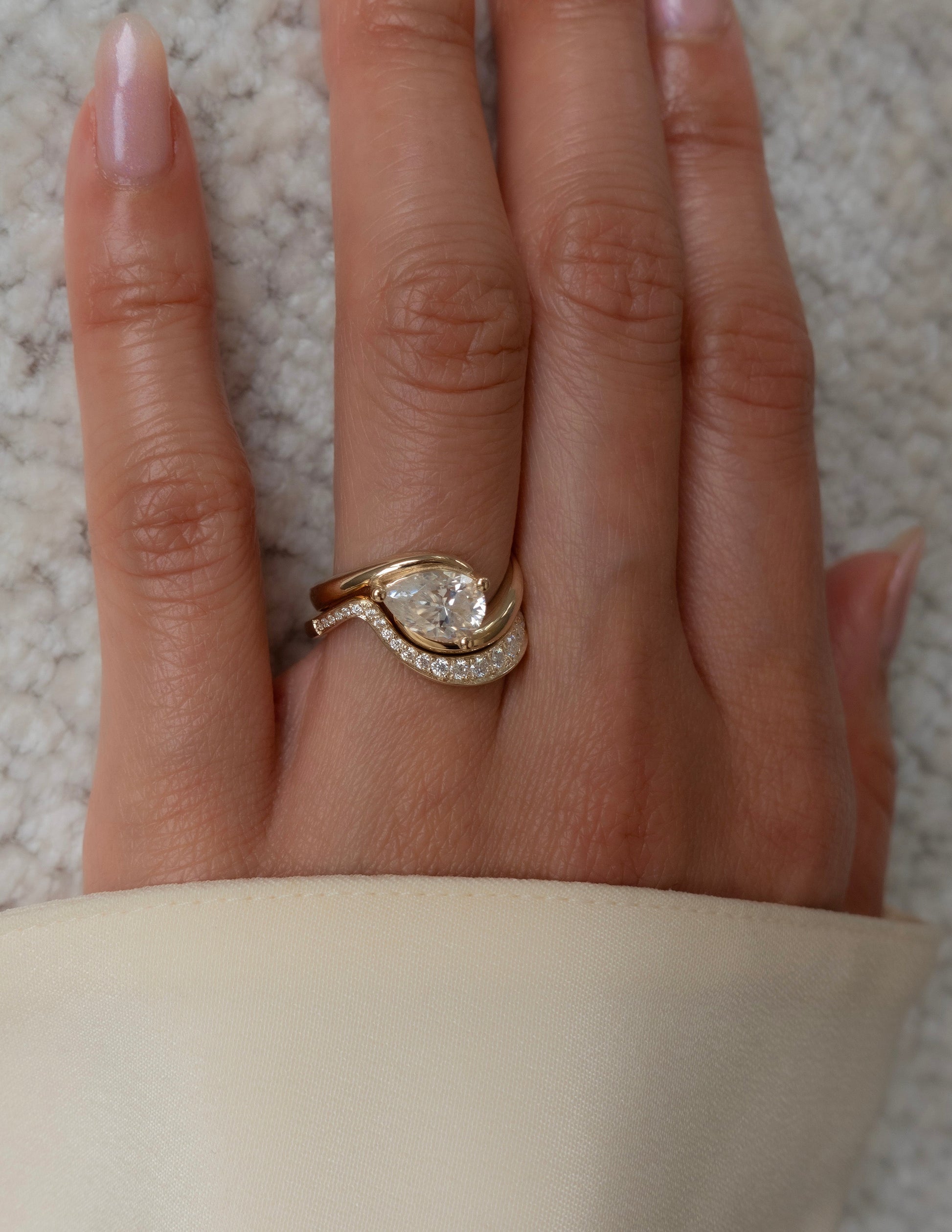 Solitaire Rapture & Pave Band- 1 CT Pear Lab Grown Diamond Bridal SetSolitaire Rapture & Pave Band- 1 CT Pear Lab Grown Diamond Bridal Set - Lifestyle