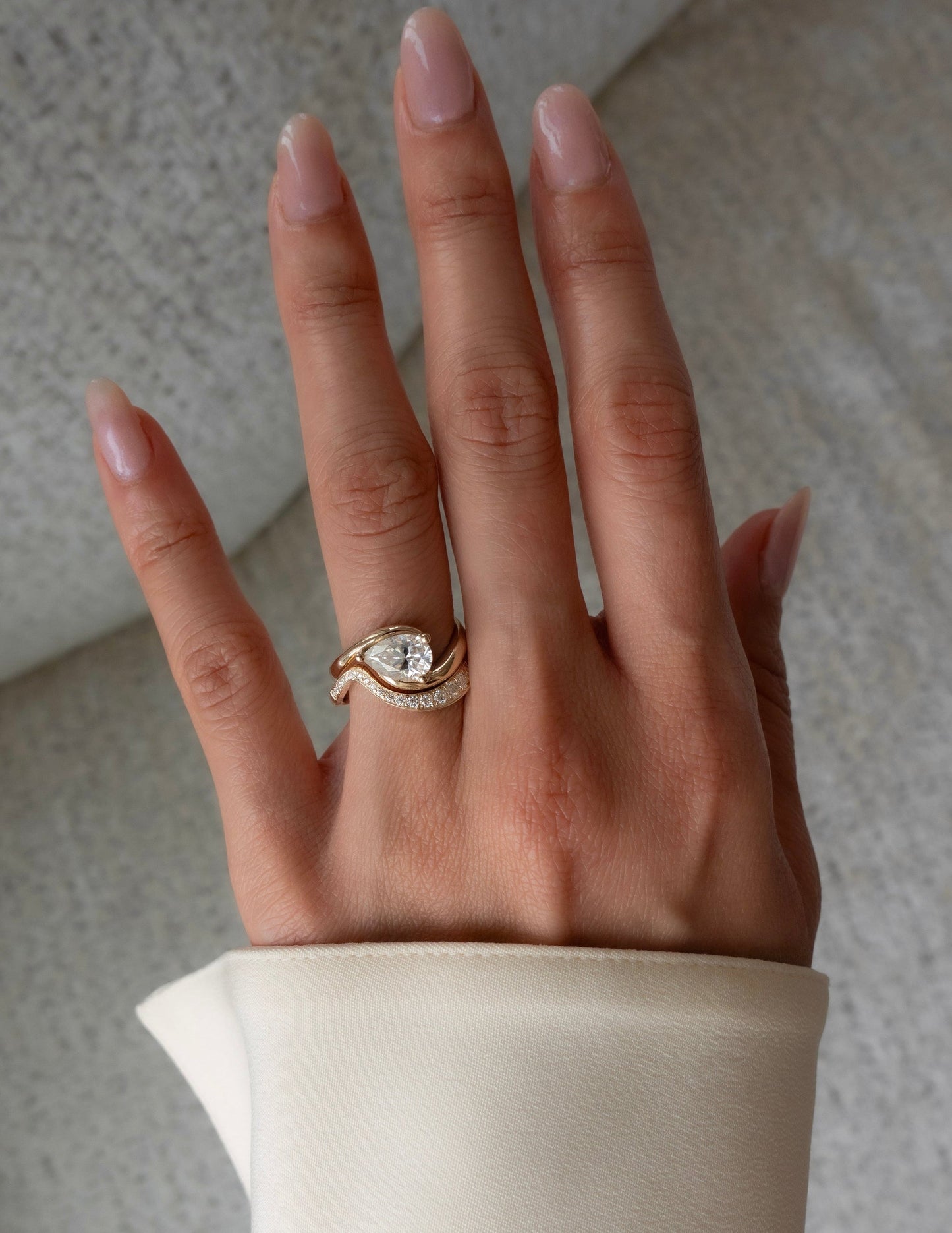 Solitaire Rapture & Pave Band- 1 CT Pear Lab Grown Diamond Bridal SetSolitaire Rapture & Pave Band- 1 CT Pear Lab Grown Diamond Bridal Set - Side view