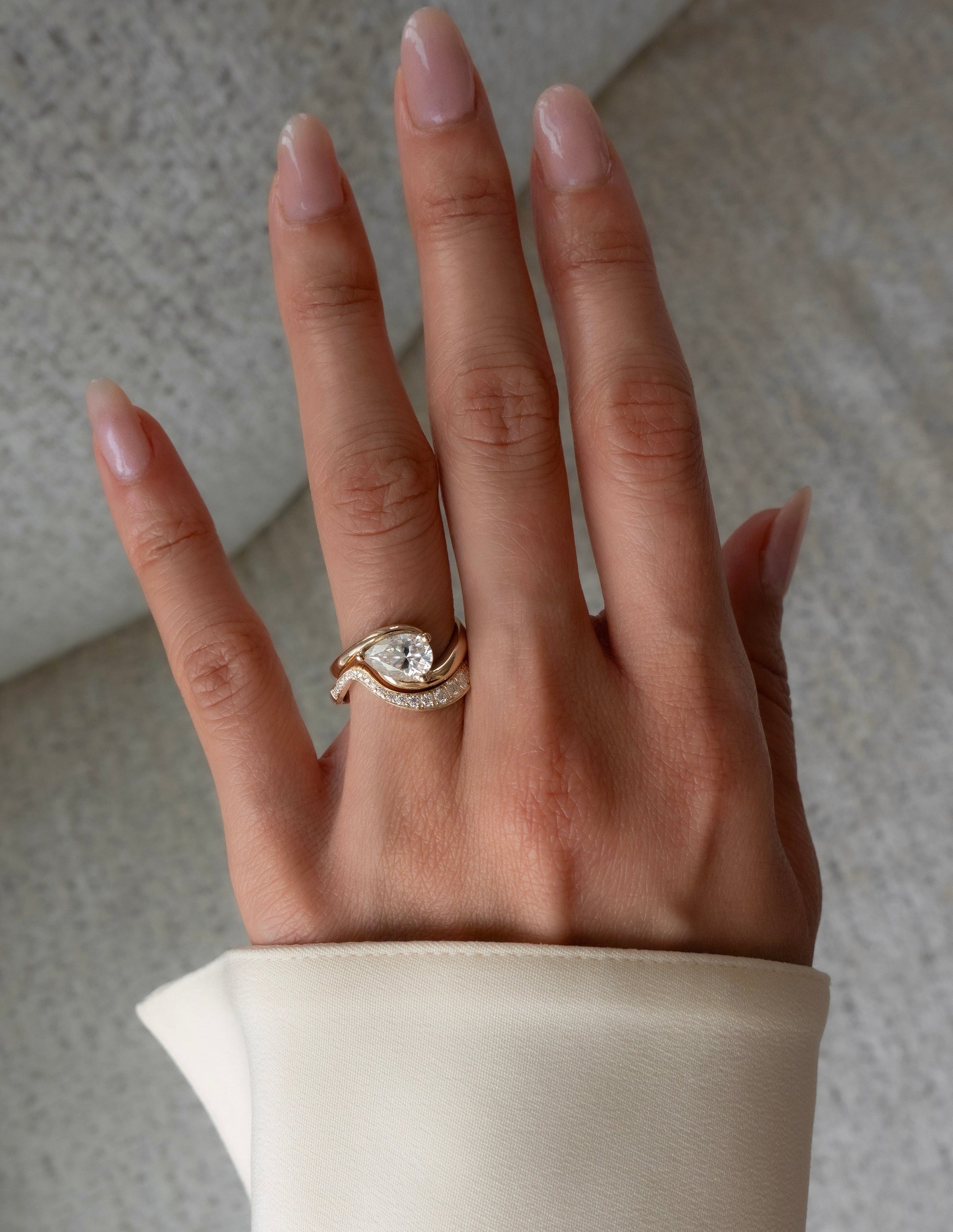 Solitaire Rapture & Pave Band- 1 CT Pear Lab Grown Diamond Bridal SetSolitaire Rapture & Pave Band- 1 CT Pear Lab Grown Diamond Bridal Set - Side view