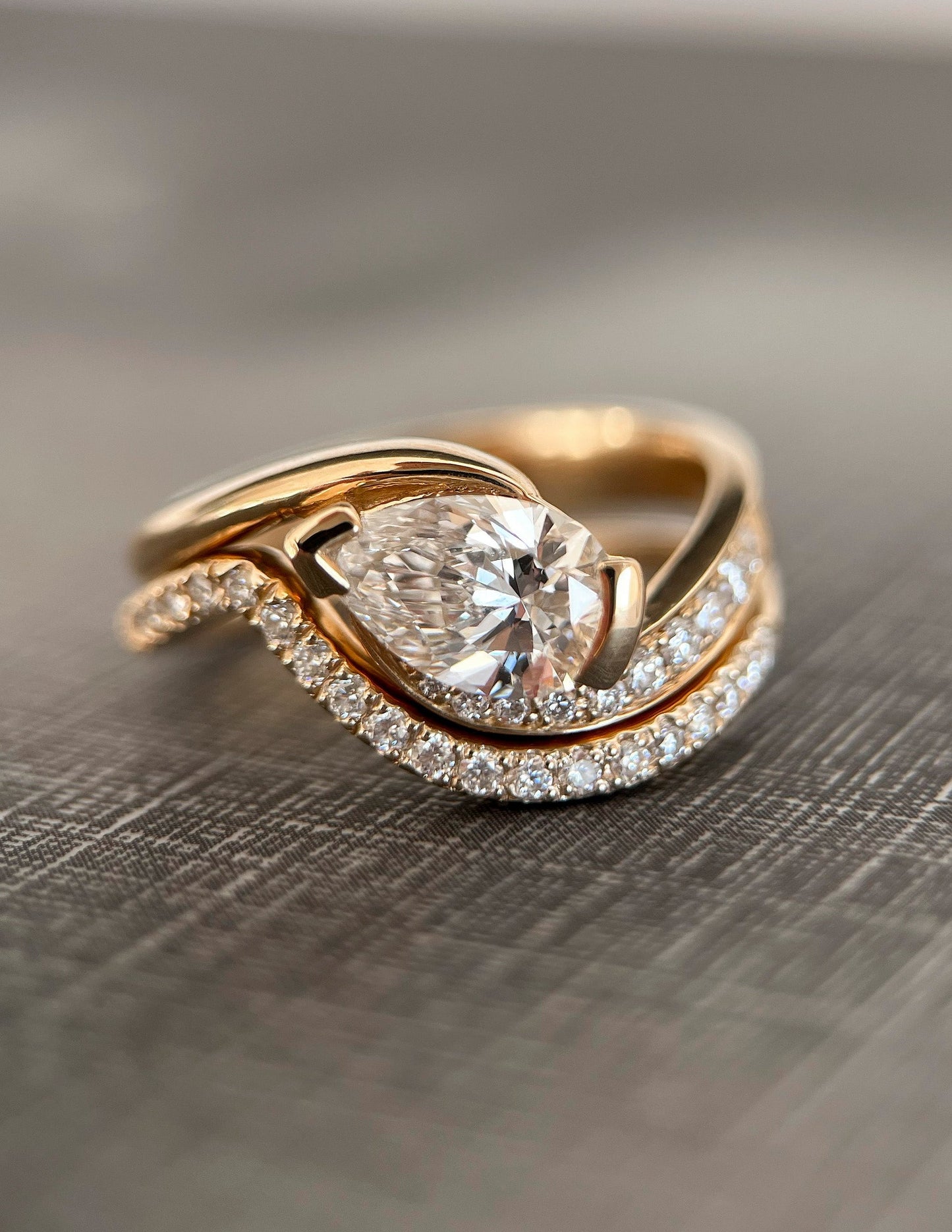 Solitaire Rapture & Pave Band- 1 CT Pear Lab Grown Diamond Bridal SetSolitaire Rapture & Pave Band- 1 CT Pear Lab Grown Diamond Bridal Set - Front view