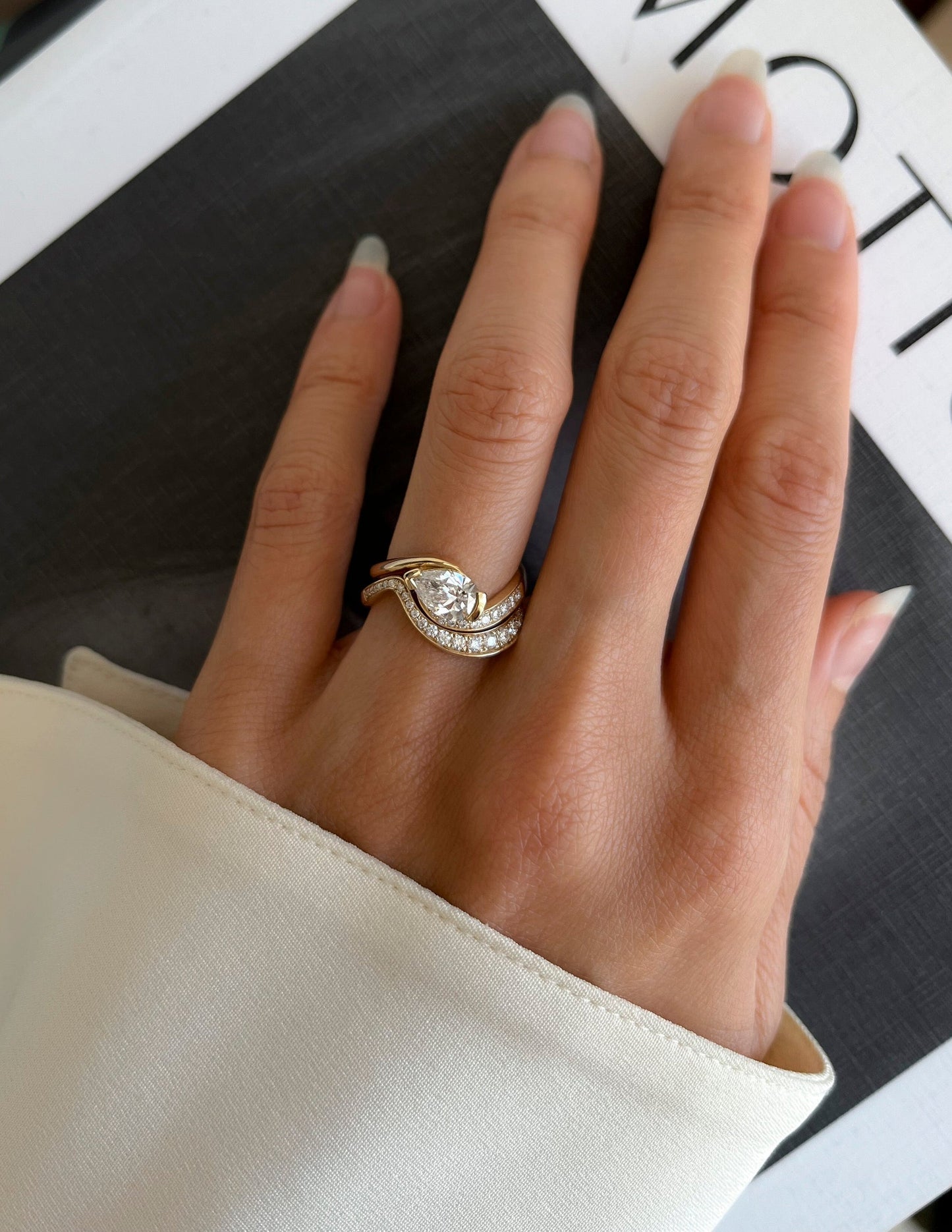 Solitaire Rapture & Pave Band- 1 CT Pear Lab Grown Diamond Bridal SetSolitaire Rapture & Pave Band- 1 CT Pear Lab Grown Diamond Bridal Set - Back view