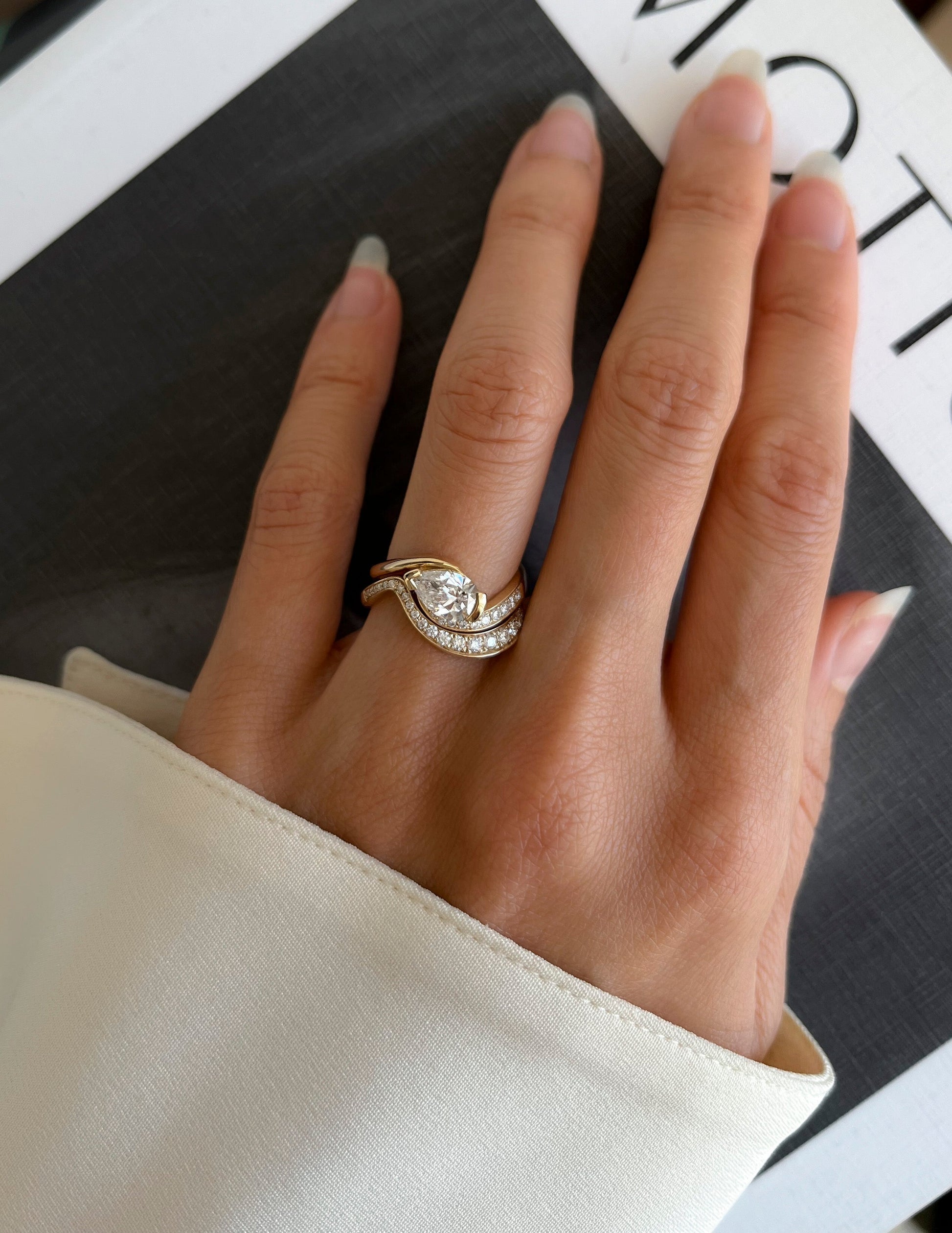 Solitaire Rapture & Pave Band- 1 CT Pear Lab Grown Diamond Bridal SetSolitaire Rapture & Pave Band- 1 CT Pear Lab Grown Diamond Bridal Set - Back view