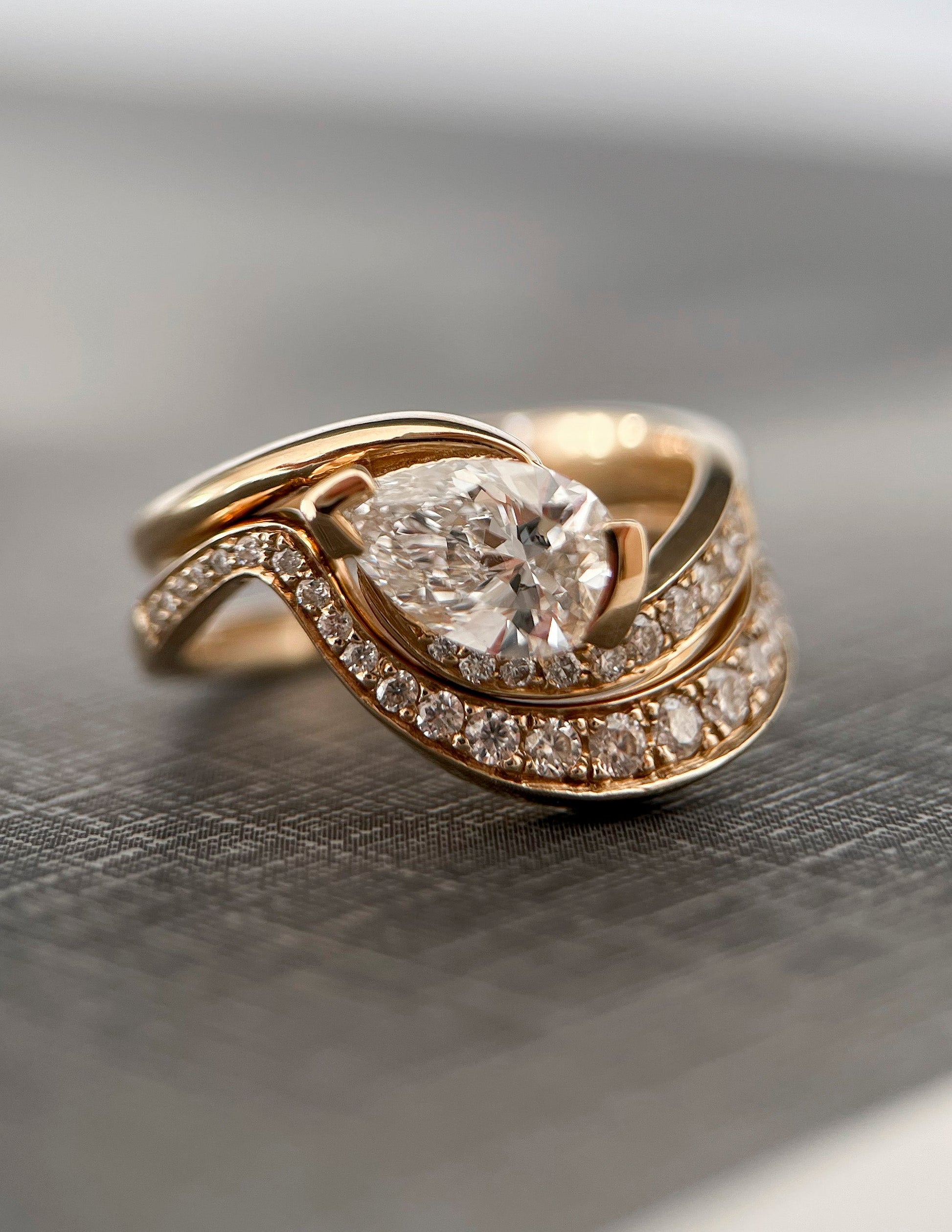 Solitaire Rapture & Pave Band- 1 CT Pear Lab Grown Diamond Bridal SetSolitaire Rapture & Pave Band- 1 CT Pear Lab Grown Diamond Bridal Set - Lifestyle