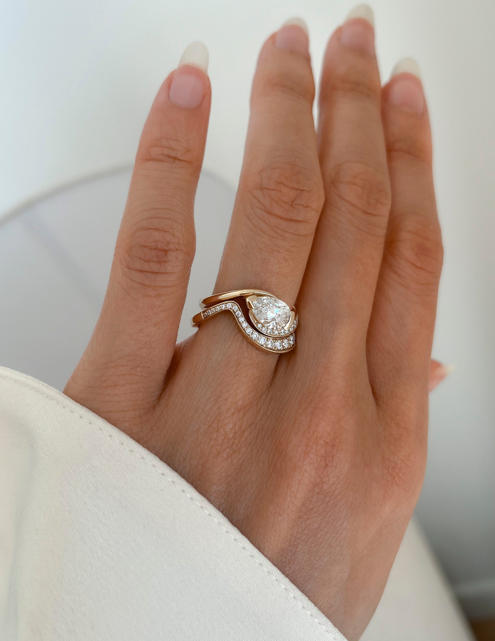 Solitaire Rapture & Pave Band- 1 CT Pear Lab Grown Diamond Bridal SetSolitaire Rapture & Pave Band- 1 CT Pear Lab Grown Diamond Bridal Set - Front view