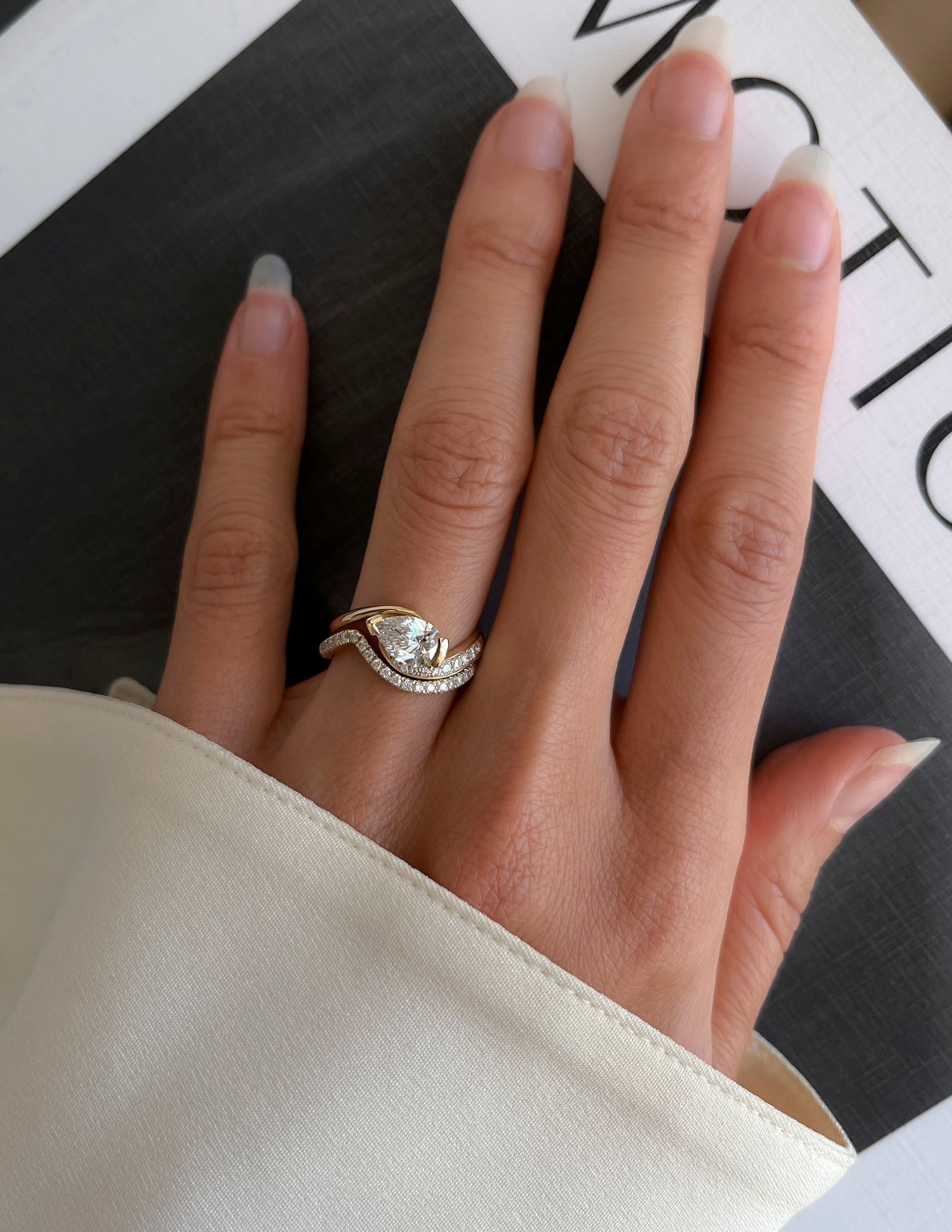 Solitaire Rapture & Pave Band- 1 CT Pear Lab Grown Diamond Bridal SetSolitaire Rapture & Pave Band- 1 CT Pear Lab Grown Diamond Bridal Set - Side view