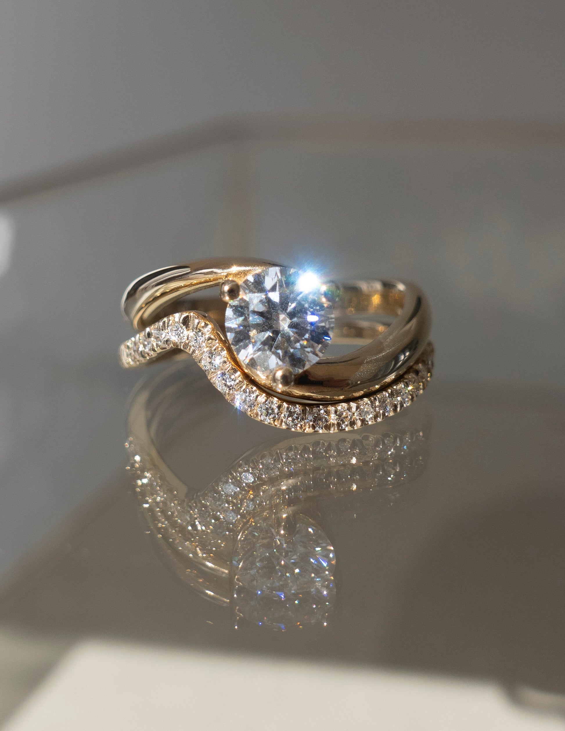 Solitaire Rapture & Pave Band- 1 CT Round Lab Grown Diamond Bridal SetSolitaire Rapture & Pave Band- 1 CT Round Lab Grown Diamond Bridal Set - Detail view