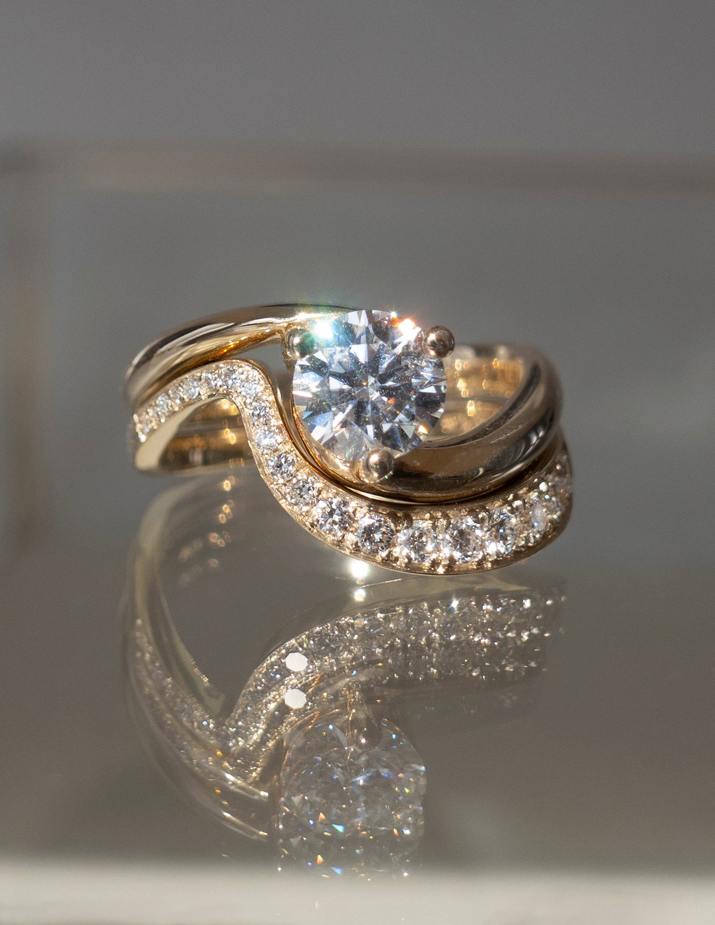 Solitaire Rapture & Pave Band- 1 CT Round Lab Grown Diamond Bridal SetSolitaire Rapture & Pave Band- 1 CT Round Lab Grown Diamond Bridal Set - Side view