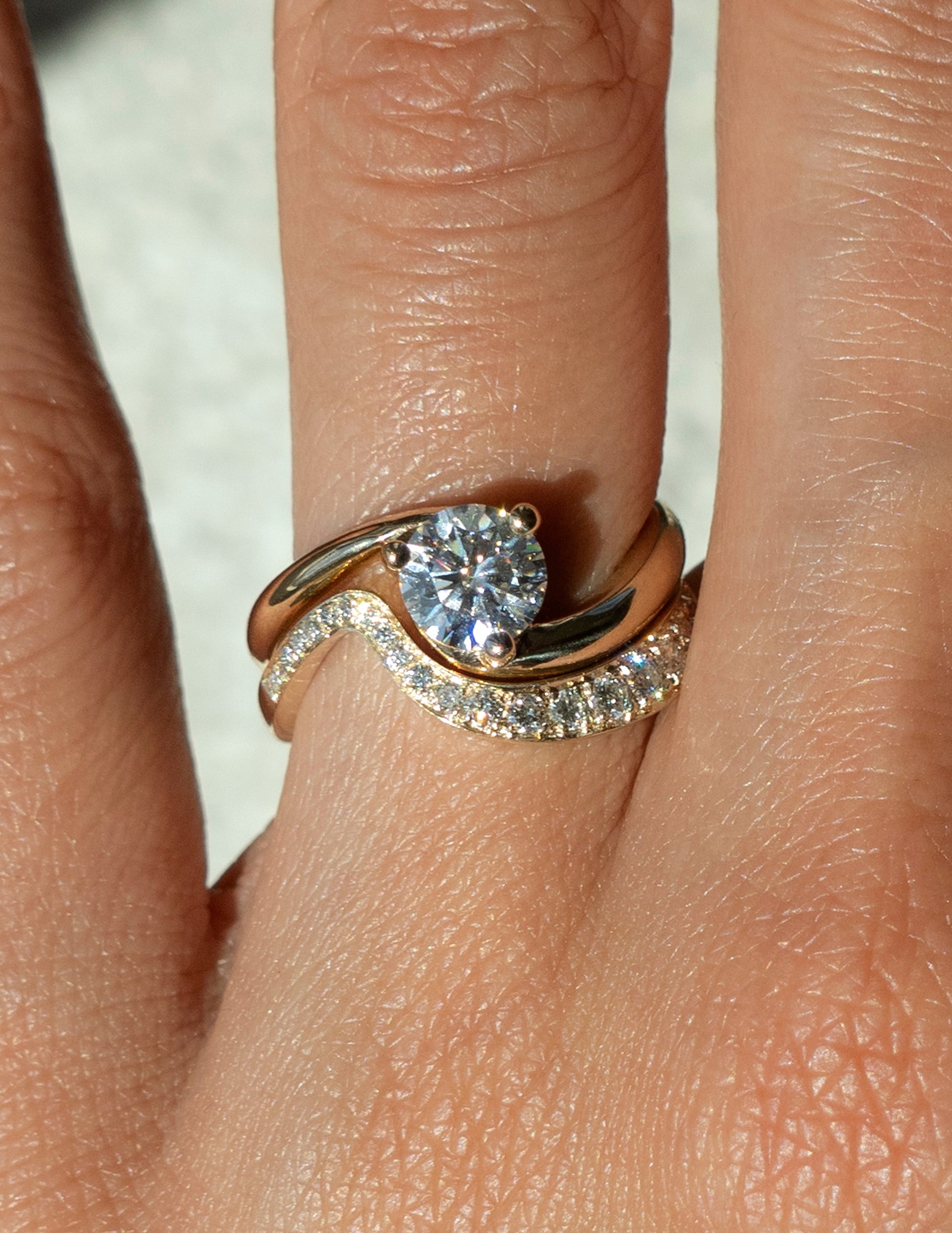 Solitaire Rapture & Pave Band- 1 CT Round Lab Grown Diamond Bridal SetSolitaire Rapture & Pave Band- 1 CT Round Lab Grown Diamond Bridal Set - Front view