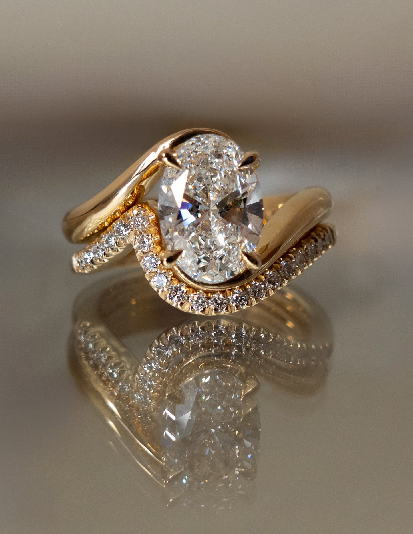 Solitaire Rapture & Pave Band- 2.5 CT Oval Lab Grown Diamond Bridal SetSolitaire Rapture & Pave Band- 2.5 CT Oval Lab Grown Diamond Bridal Set - Back view