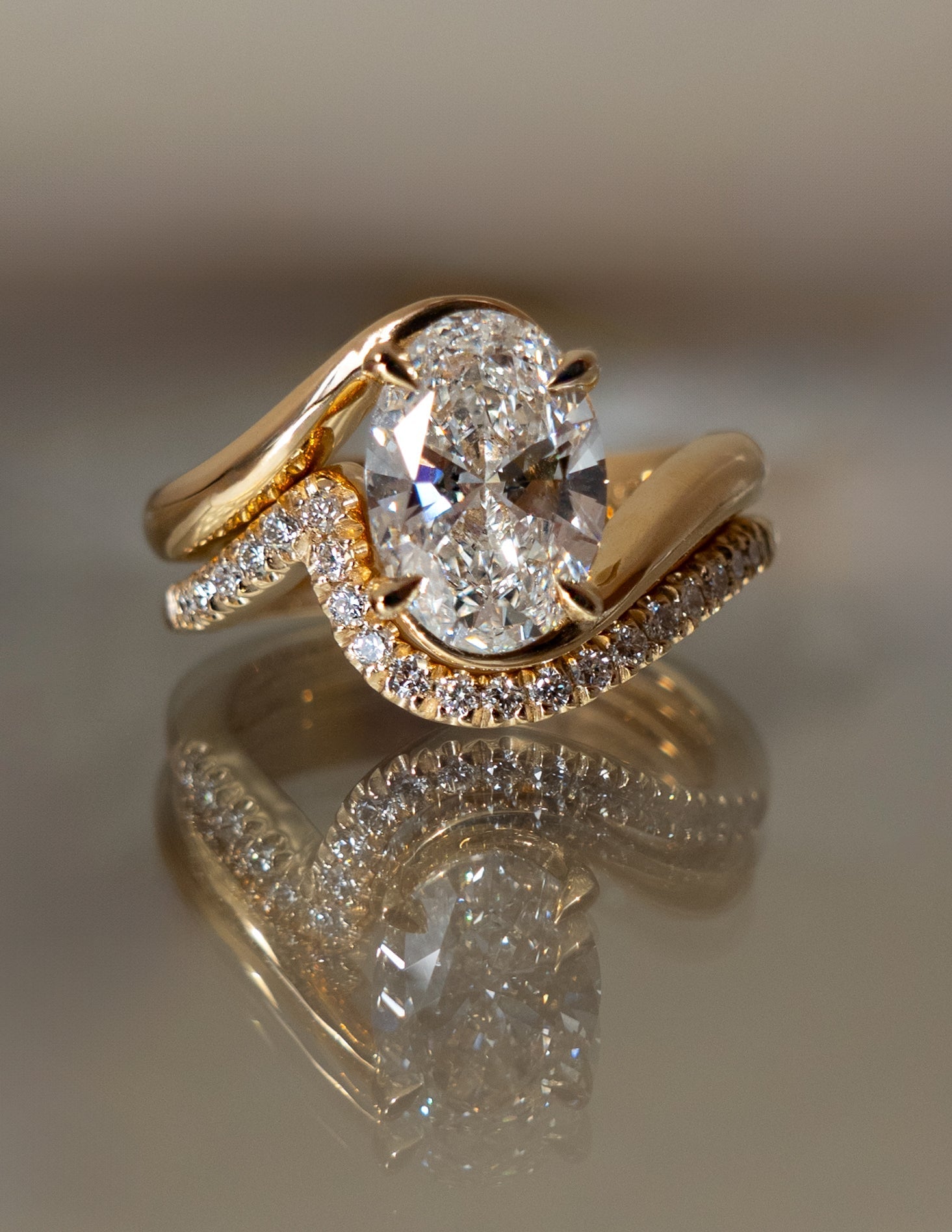 Solitaire Rapture & Pave Band- 2.5 CT Oval Lab Grown Diamond Bridal SetSolitaire Rapture & Pave Band- 2.5 CT Oval Lab Grown Diamond Bridal Set - Back view
