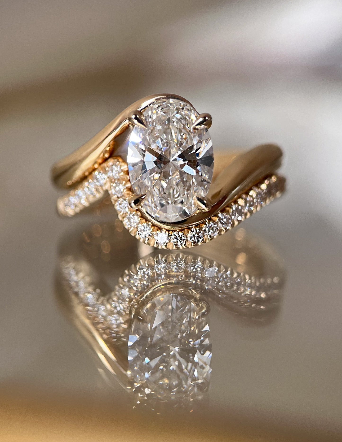 Solitaire Rapture & Pave Band- 2.5 CT Oval Lab Grown Diamond Bridal SetSolitaire Rapture & Pave Band- 2.5 CT Oval Lab Grown Diamond Bridal Set - Front view