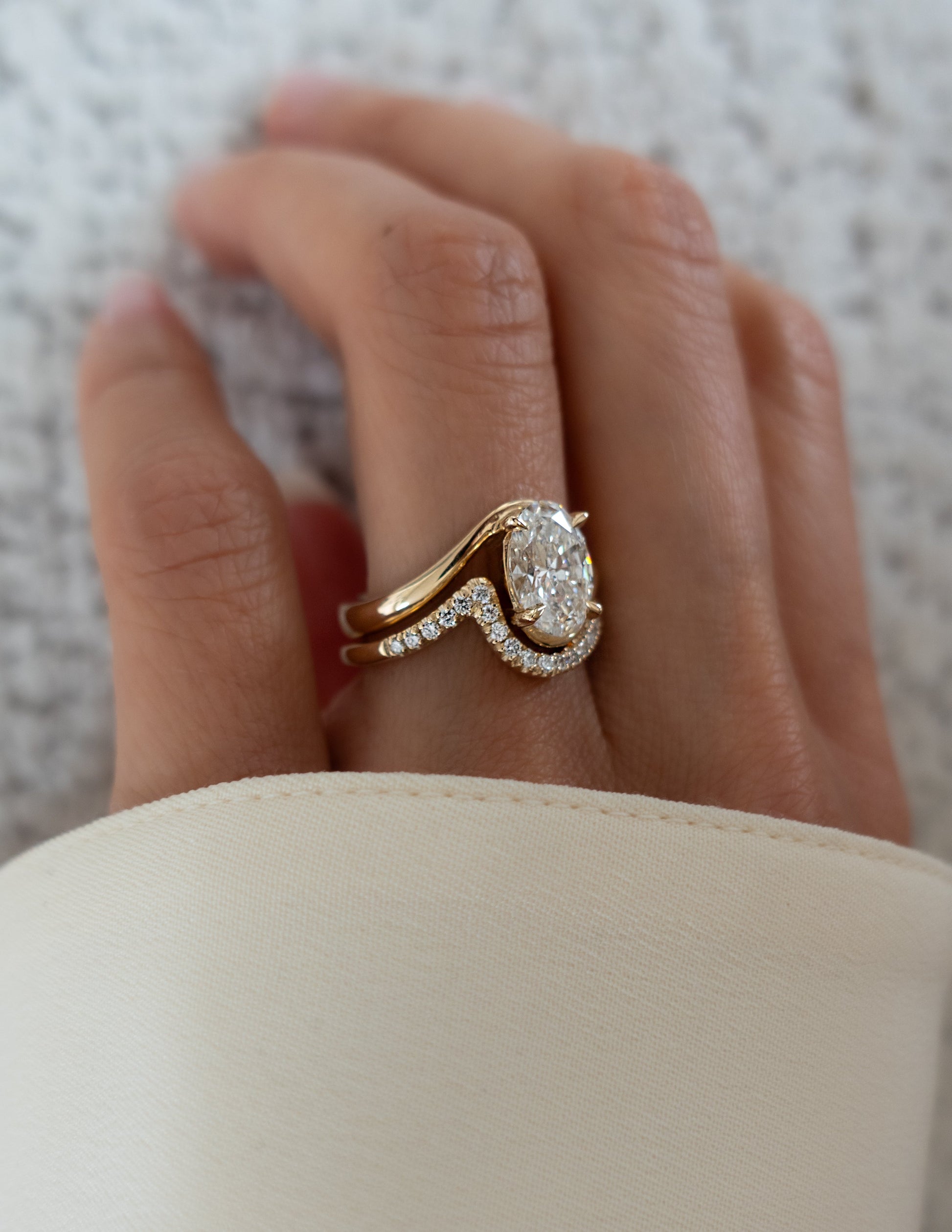 Solitaire Rapture & Pave Band- 2.5 CT Oval Lab Grown Diamond Bridal SetSolitaire Rapture & Pave Band- 2.5 CT Oval Lab Grown Diamond Bridal Set - Side view