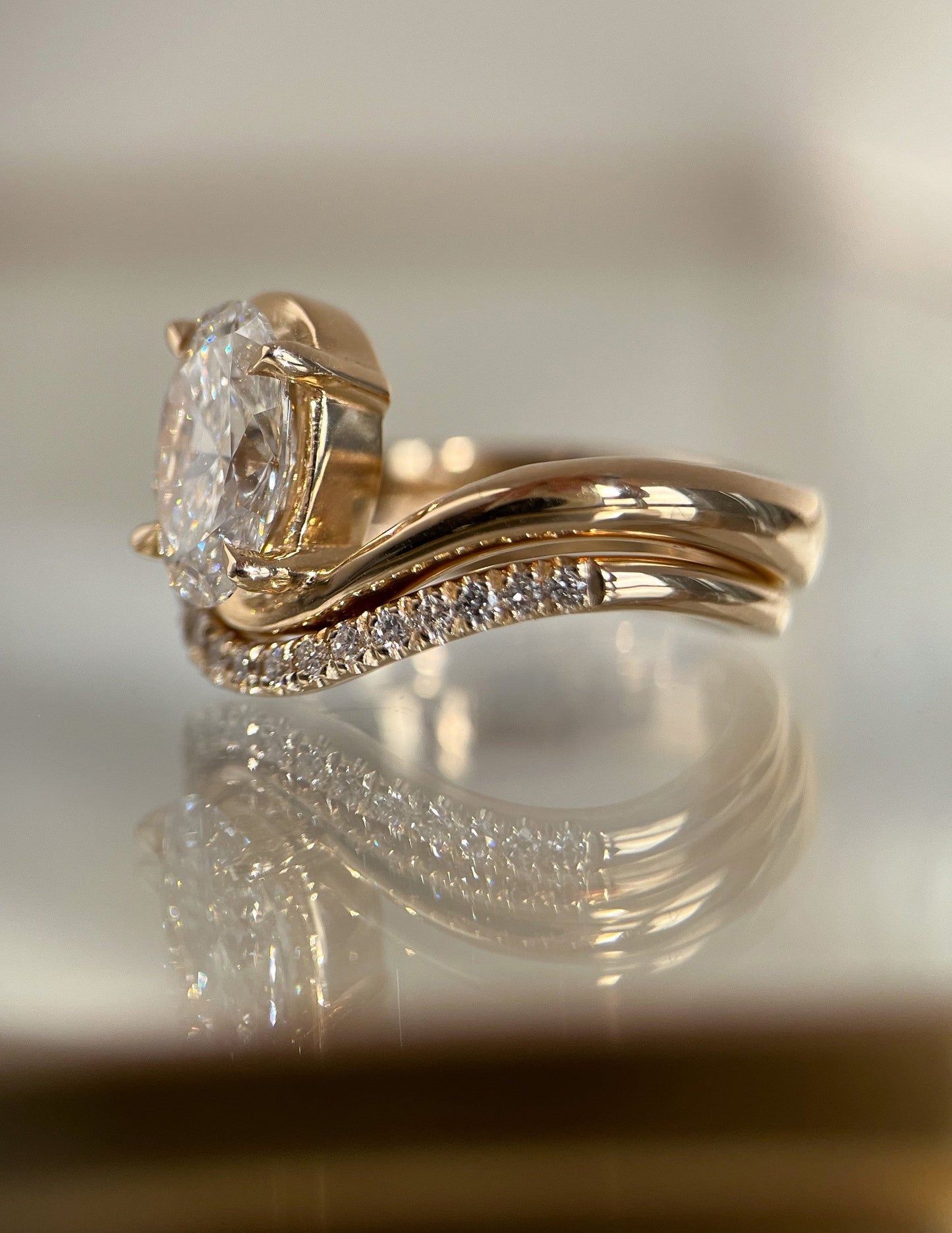 Solitaire Rapture & Pave Band- 2.5 CT Oval Lab Grown Diamond Bridal SetSolitaire Rapture & Pave Band- 2.5 CT Oval Lab Grown Diamond Bridal Set - Back view